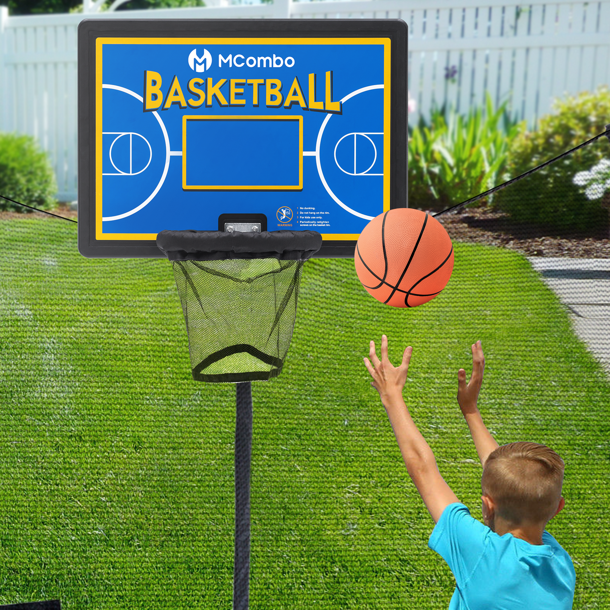 M MCombo Trampolin Basketballkorf Buiten, Trampolin Accessoires Set, Basketballkorf Trampolin Kinderen, Mini Basketballkorf voor Trampolin Backboard+Basketbal+Ring+Net+Ballpomp BH07 (Blauw / Rood)