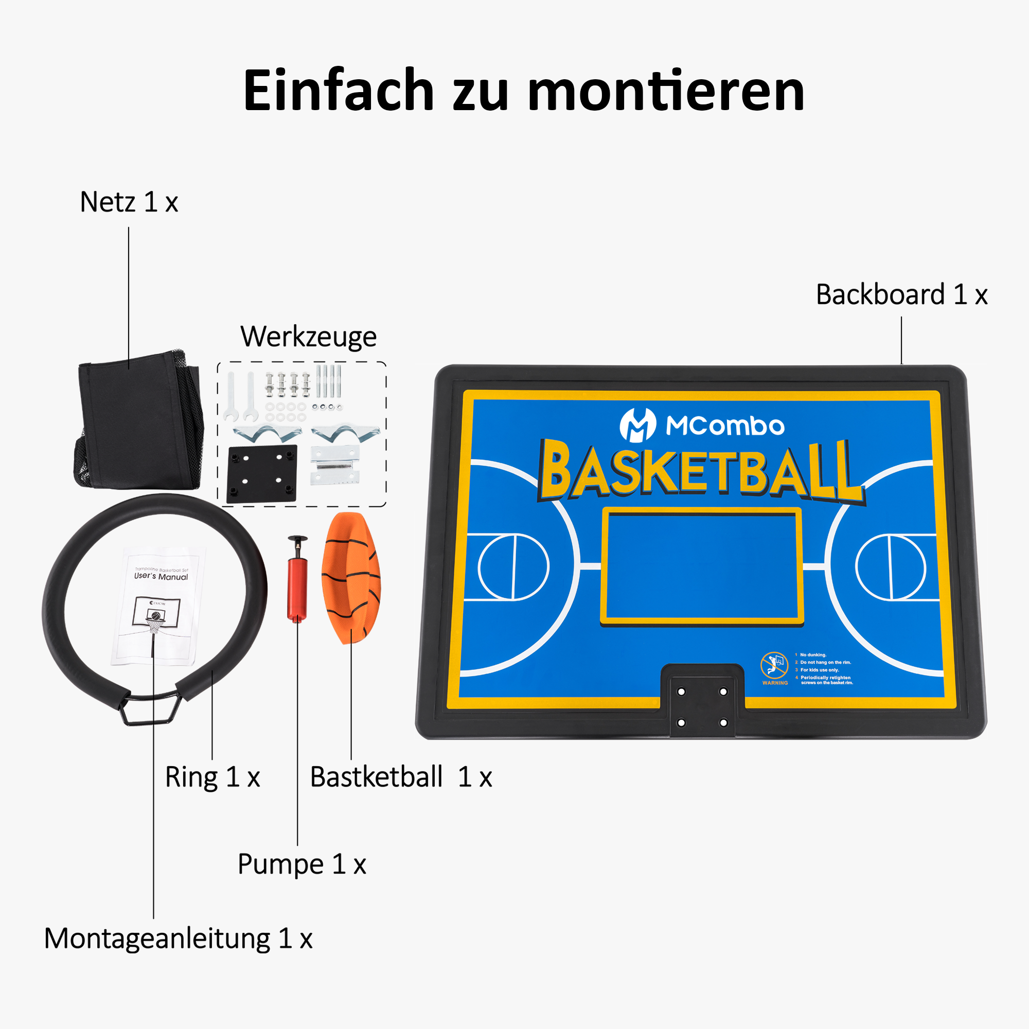 M MCombo Trampolin Basketballkorf Buiten, Trampolin Accessoires Set, Basketballkorf Trampolin Kinderen, Mini Basketballkorf voor Trampolin Backboard+Basketbal+Ring+Net+Ballpomp BH07 (Blauw / Rood)