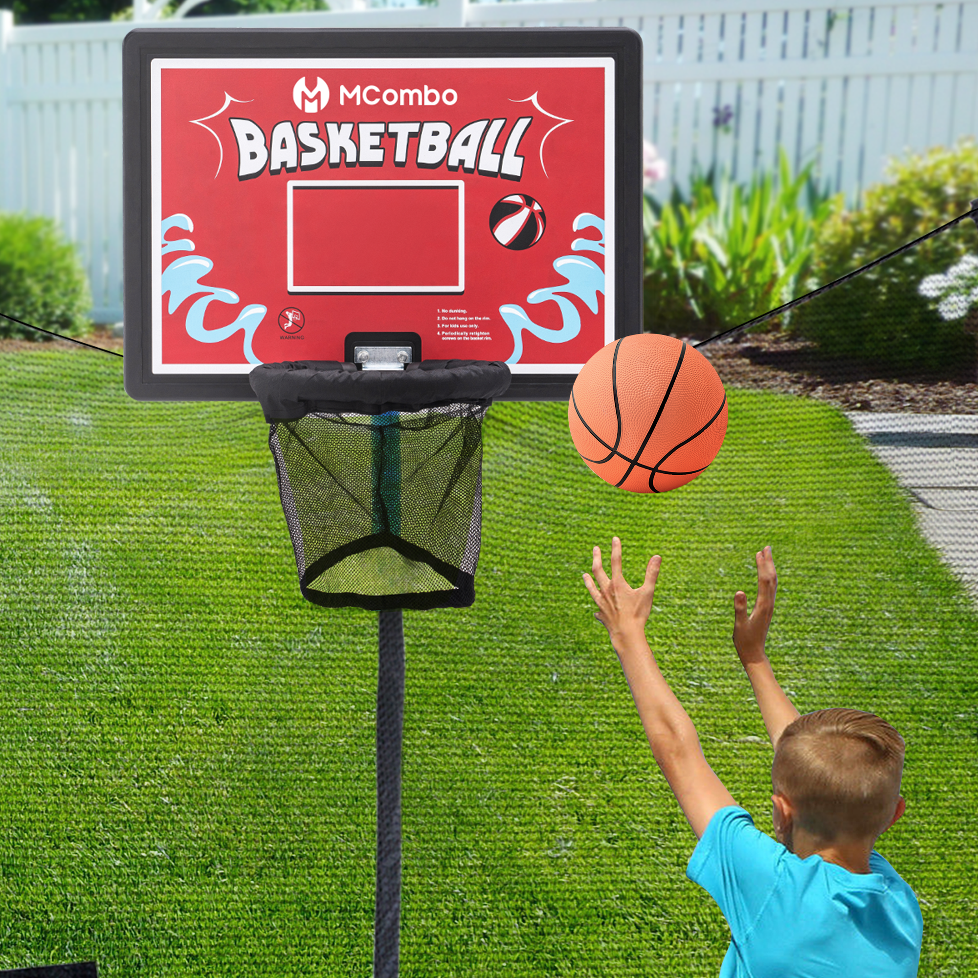 M MCombo Trampolin Basketballkorf Buiten, Trampolin Accessoires Set, Basketballkorf Trampolin Kinderen, Mini Basketballkorf voor Trampolin Backboard+Basketbal+Ring+Net+Ballpomp BH07 (Blauw / Rood)