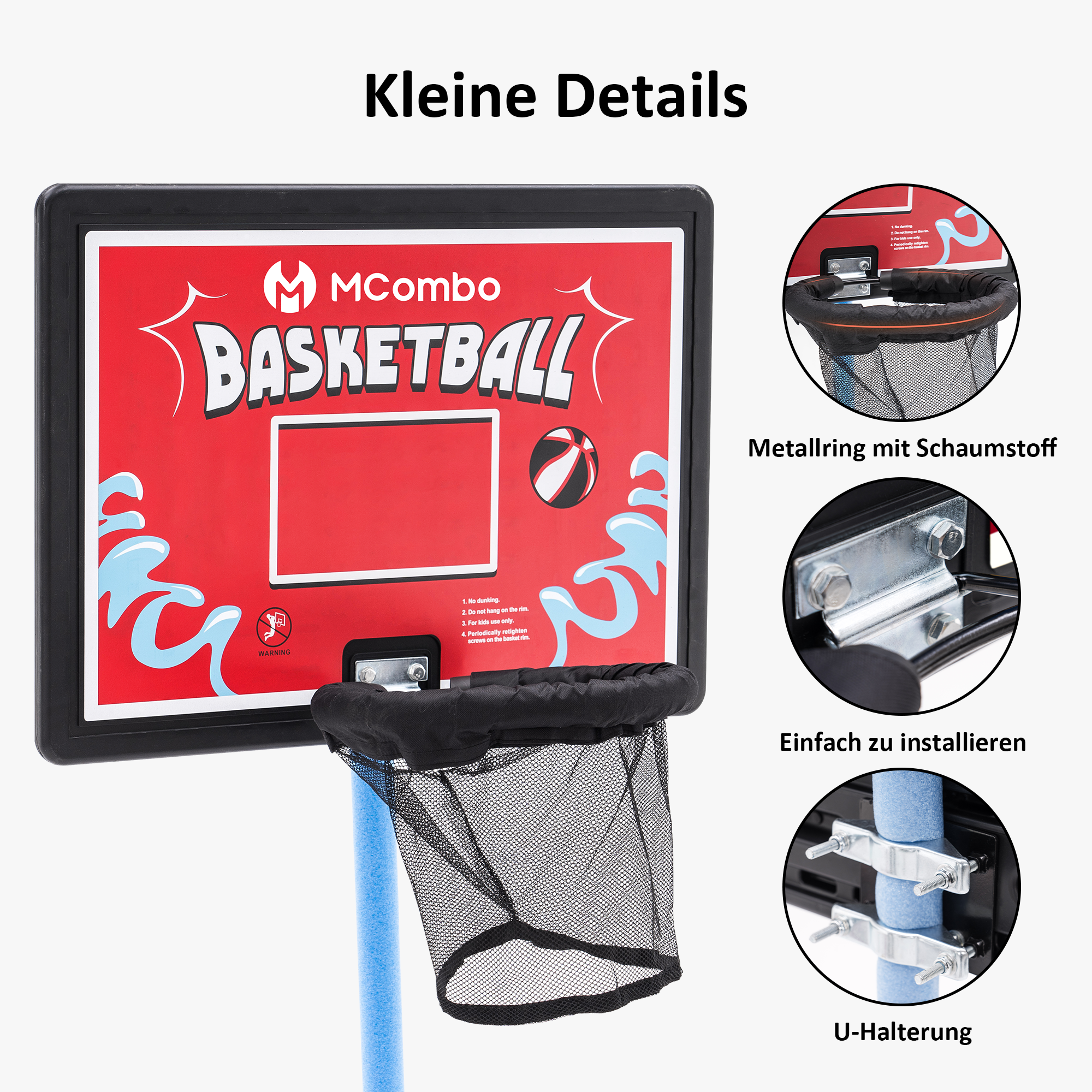 M MCombo Trampolin Basketballkorf Buiten, Trampolin Accessoires Set, Basketballkorf Trampolin Kinderen, Mini Basketballkorf voor Trampolin Backboard+Basketbal+Ring+Net+Ballpomp BH07 (Blauw / Rood)