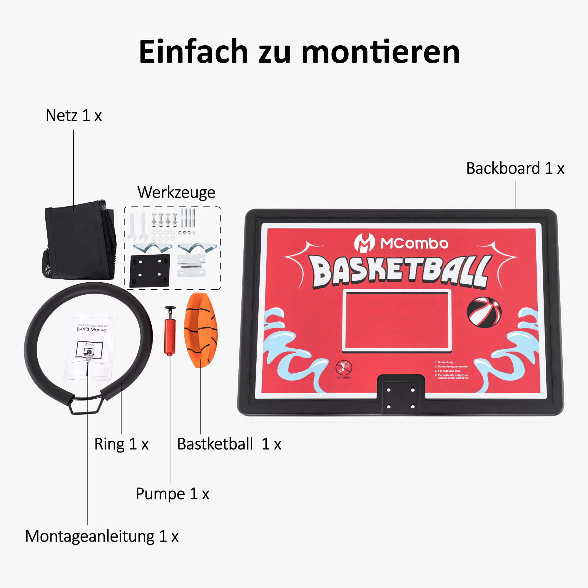 M MCombo Trampolin Basketballkorf Buiten, Trampolin Accessoires Set, Basketballkorf Trampolin Kinderen, Mini Basketballkorf voor Trampolin Backboard+Basketbal+Ring+Net+Ballpomp BH07 (Blauw / Rood)