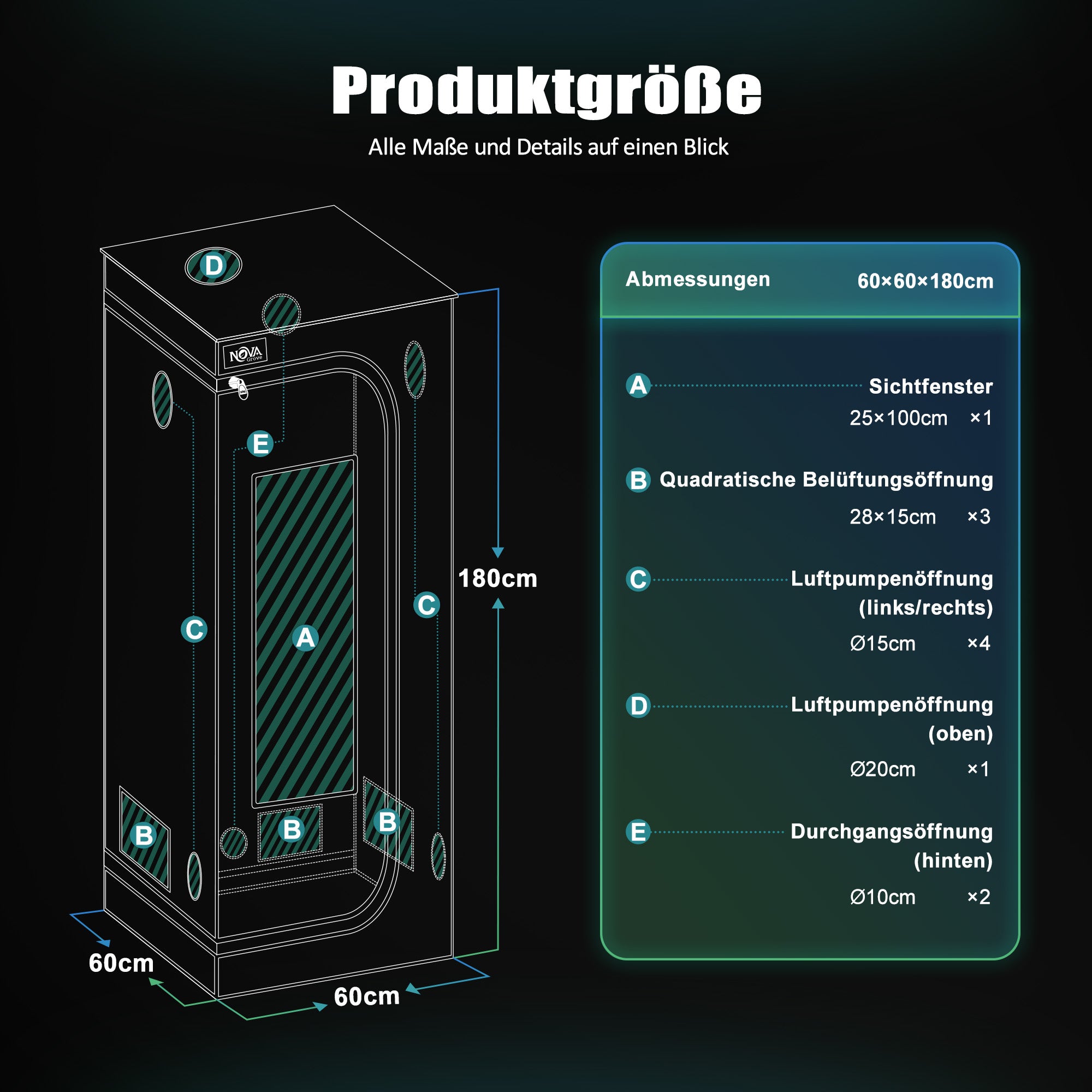 NovaGrove Growzelt, Growbox met 1680D robuuste en waterdichte buitenlaag, hoogreflecterende aluminium binnenbekleding, kweektent met groot kijkvenster en bodembak, A06/A09/A12 (Zwart)