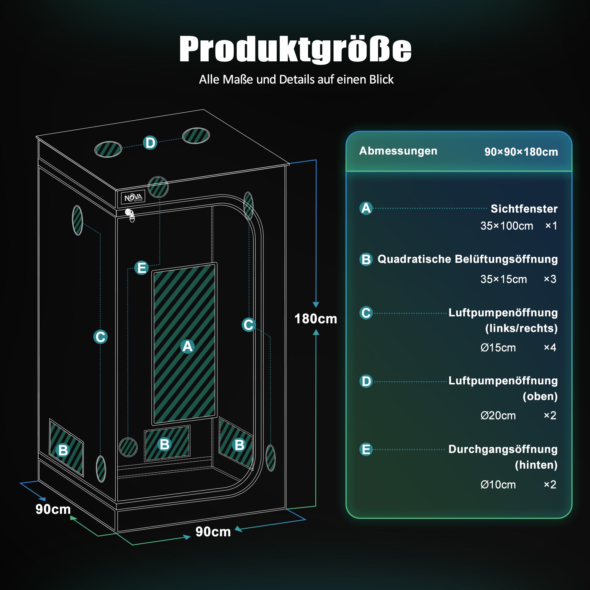 NovaGrove Growzelt, Growbox met 1680D robuuste en waterdichte buitenlaag, hoogreflecterende aluminium binnenbekleding, kweektent met groot kijkvenster en bodembak, A06/A09/A12 (Zwart)