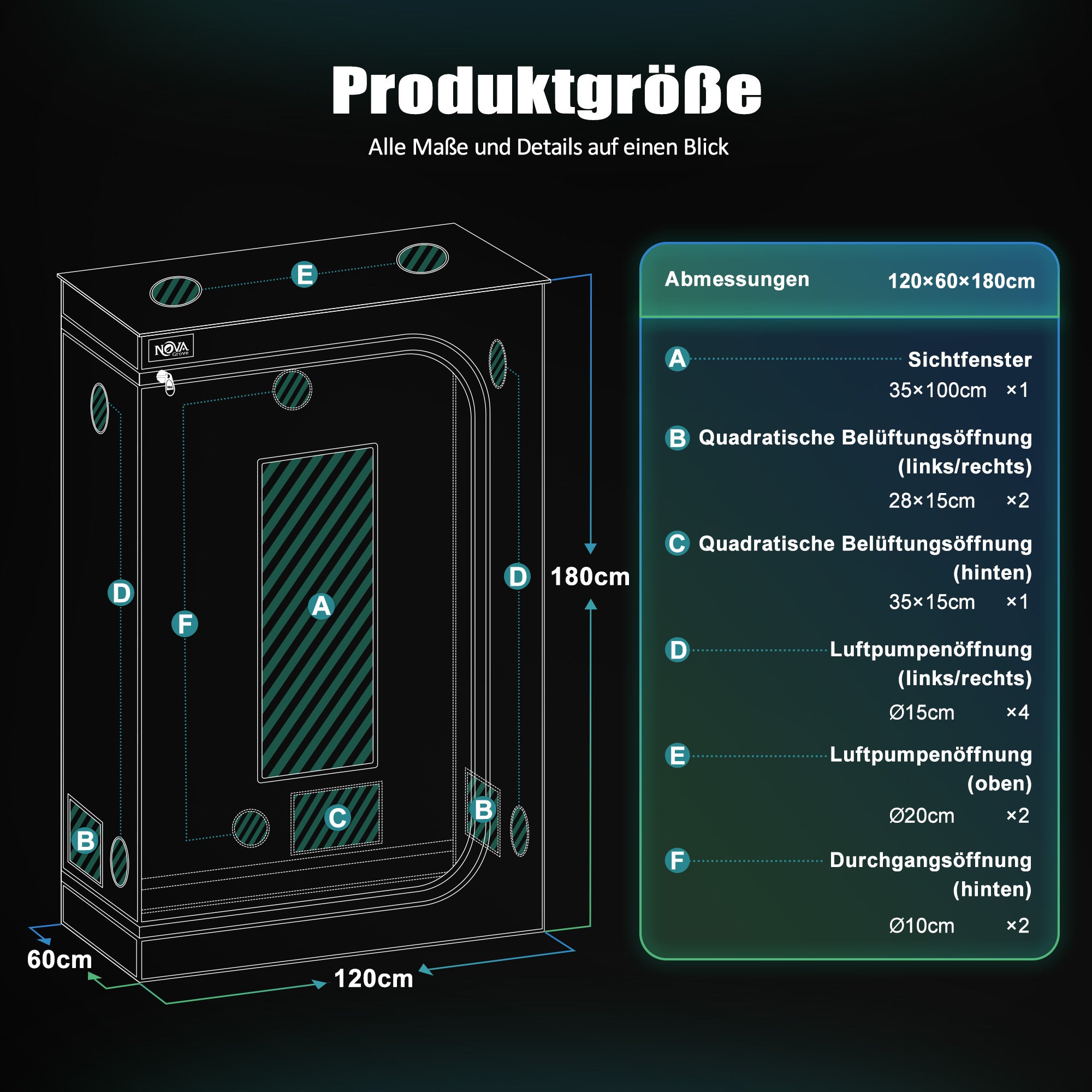 NovaGrove Growzelt, Growbox met 1680D robuuste en waterdichte buitenlaag, hoogreflecterende aluminium binnenbekleding, kweektent met groot kijkvenster en bodembak, A06/A09/A12 (Zwart)