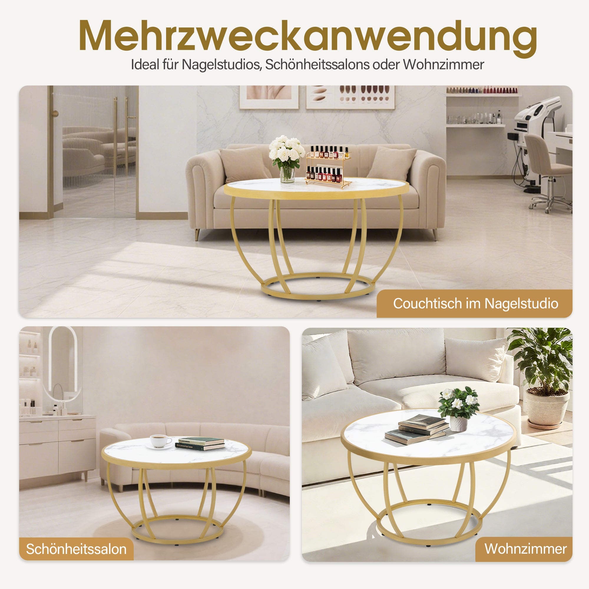 MCombo Tavolino rotondo in legno, moderno tavolino da divano, piccolo tavolino laterale in metallo, tavolino per soggiorno o salone di bellezza, finitura effetto marmo bianco e oro, 80x80x46,5 cm, 2185