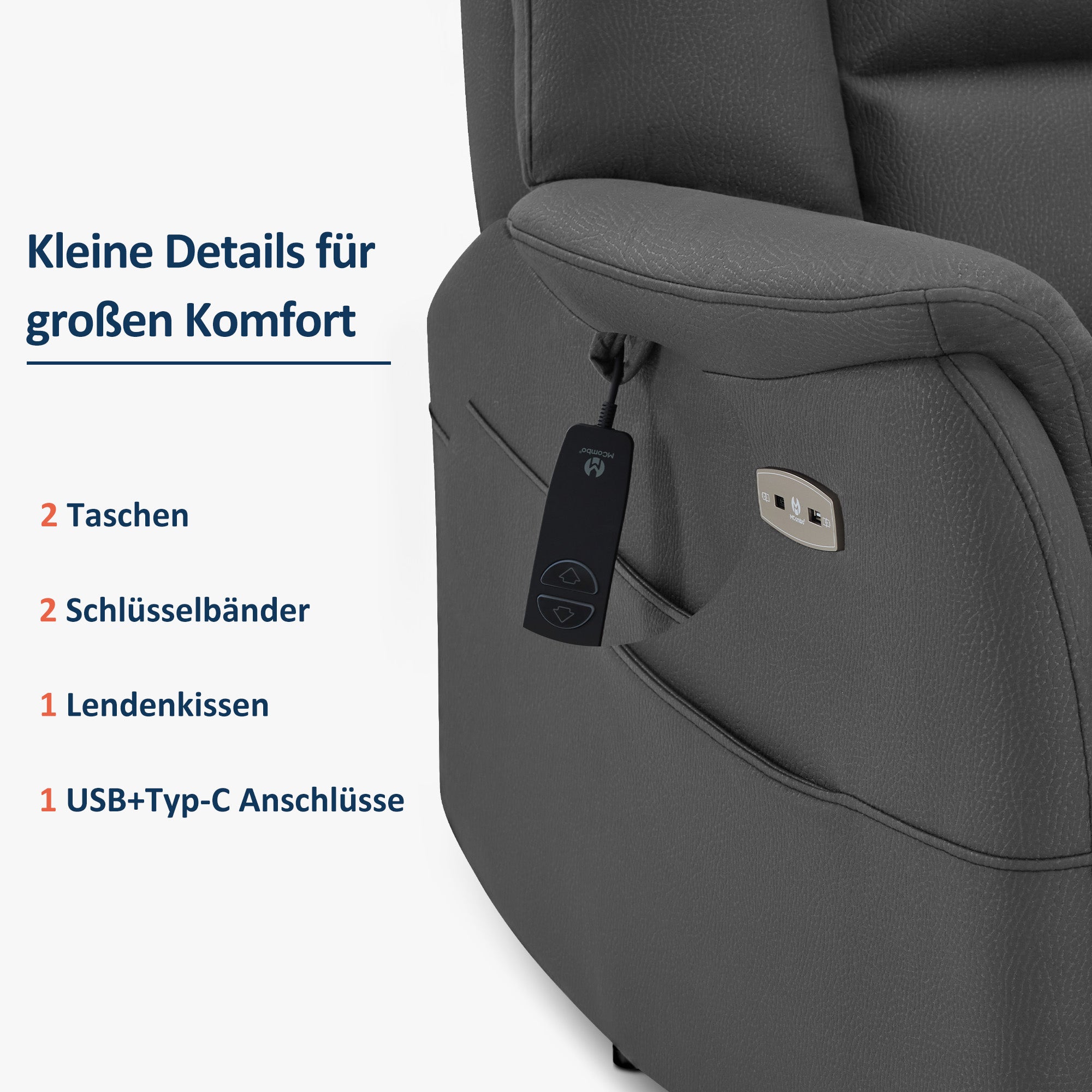 MCombo Poltrona reclinabile elettricamente regolabile, poltrona TV a 3 cm dalla parete, poltrona massaggiante reclinabile con funzione reclinabile, poltrona TV per piccoli spazi, porte USB e Type-C e cuscino lombare, 7063