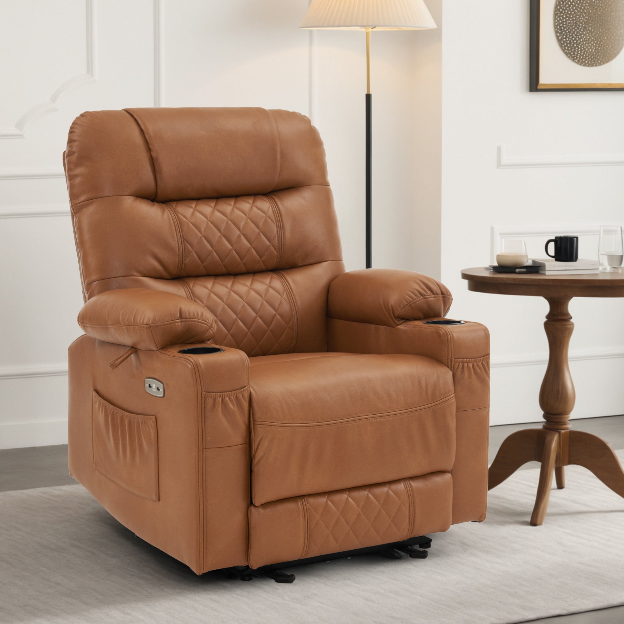MCombo Poltrona reclinabile con funzione reclinabile, regolabile elettricamente per guardare la TV, in similpelle traspirante, con porta USB e portabicchieri, per soggiorno, Braun 7033