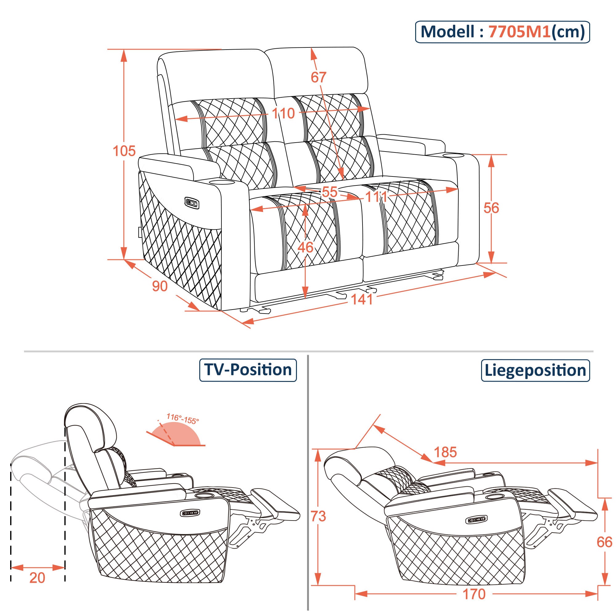 M MCombo Poltrona TV reclinabile elettrica (disponibile in versione a 1, 2 o 3 posti), poltrona cinema "Zero-Gravity" con luci LED, poggiatesta regolabile e cuscino di seduta in schiuma ad alta densità (35D) – Modelli 7759/7705 (Nero)