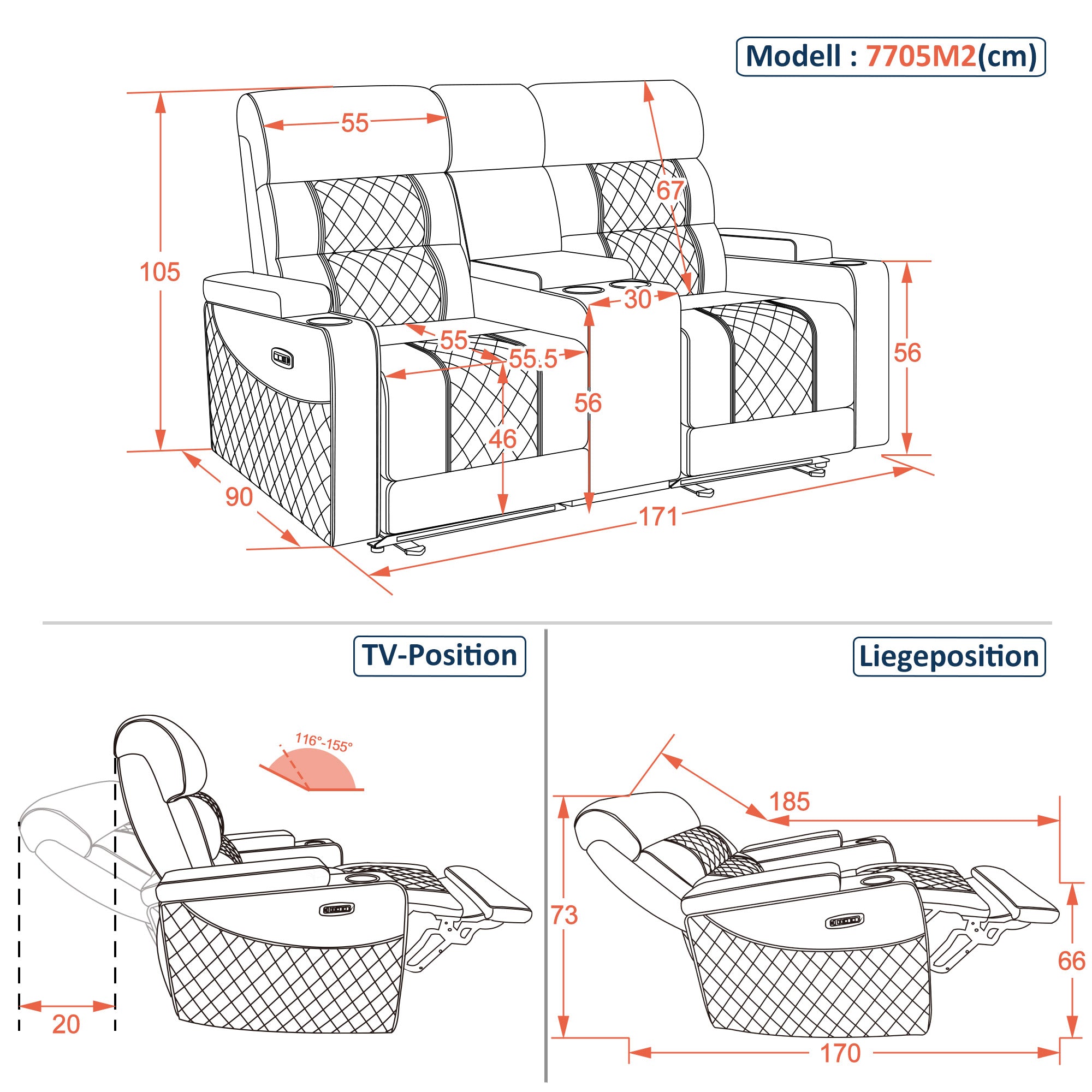 M MCombo Poltrona TV reclinabile elettrica (disponibile in versione a 1, 2 o 3 posti), poltrona cinema "Zero-Gravity" con luci LED, poggiatesta regolabile e cuscino di seduta in schiuma ad alta densità (35D) – Modelli 7759/7705 (Nero)