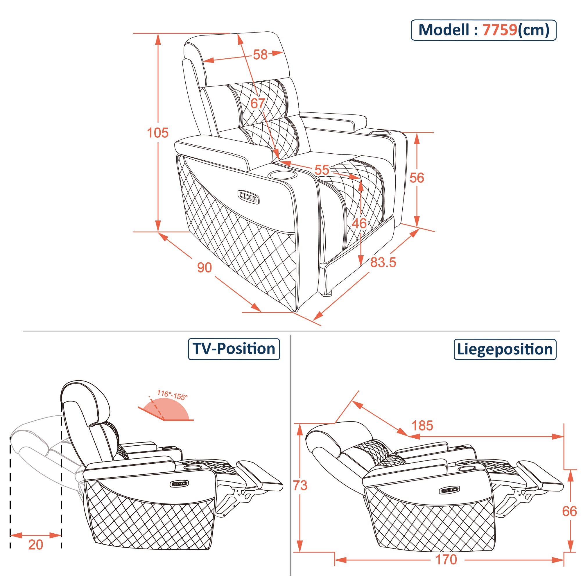 M MCombo Poltrona TV reclinabile elettrica (disponibile in versione a 1, 2 o 3 posti), poltrona cinema "Zero-Gravity" con luci LED, poggiatesta regolabile e cuscino di seduta in schiuma ad alta densità (35D) – Modelli 7759/7705 (Nero)