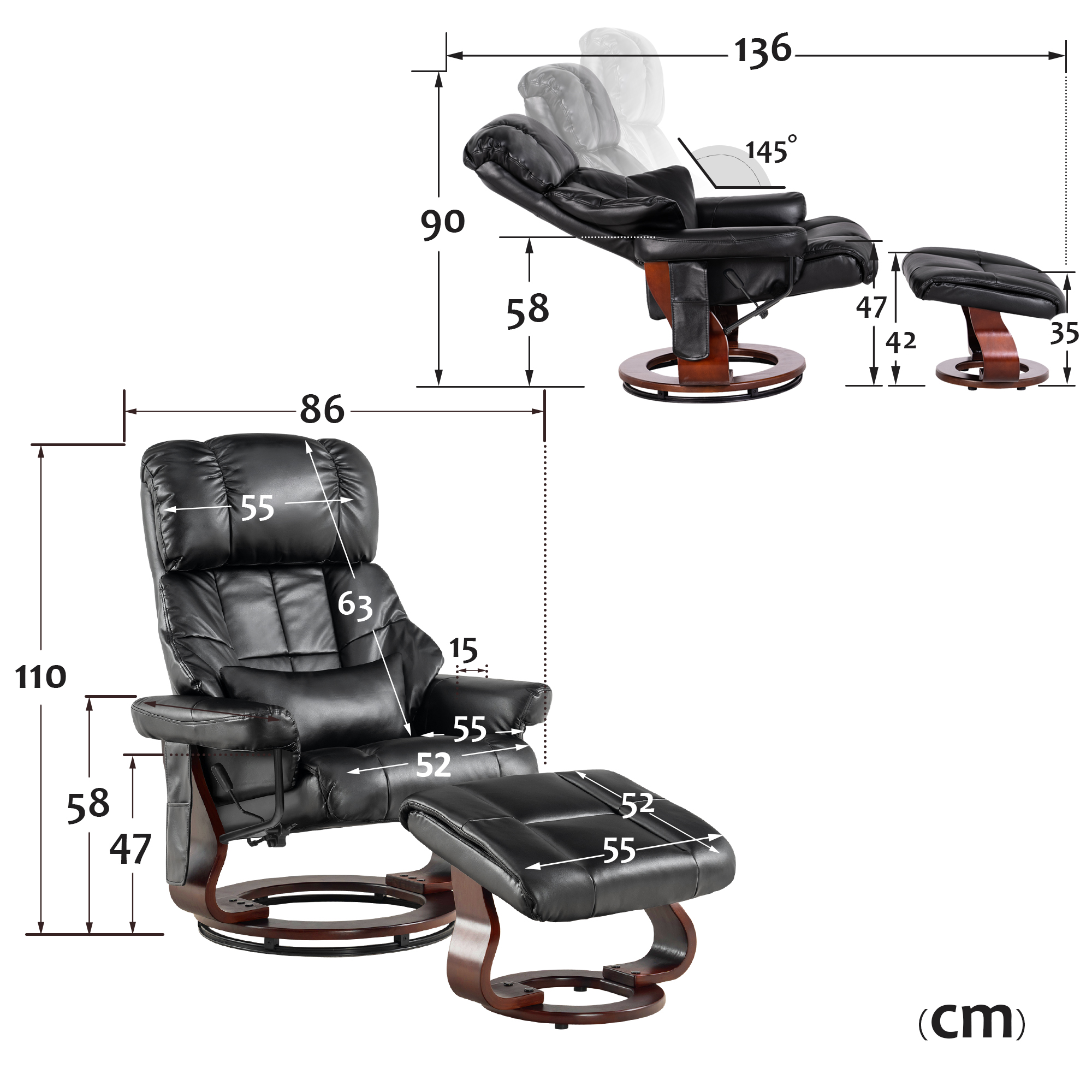 MCombo Poltrona relax con poggiapiedi, poltrona girevole a 360° con funzione reclinabile, moderna poltrona TV con tasca laterale per soggiorno, in ecopelle, 9068