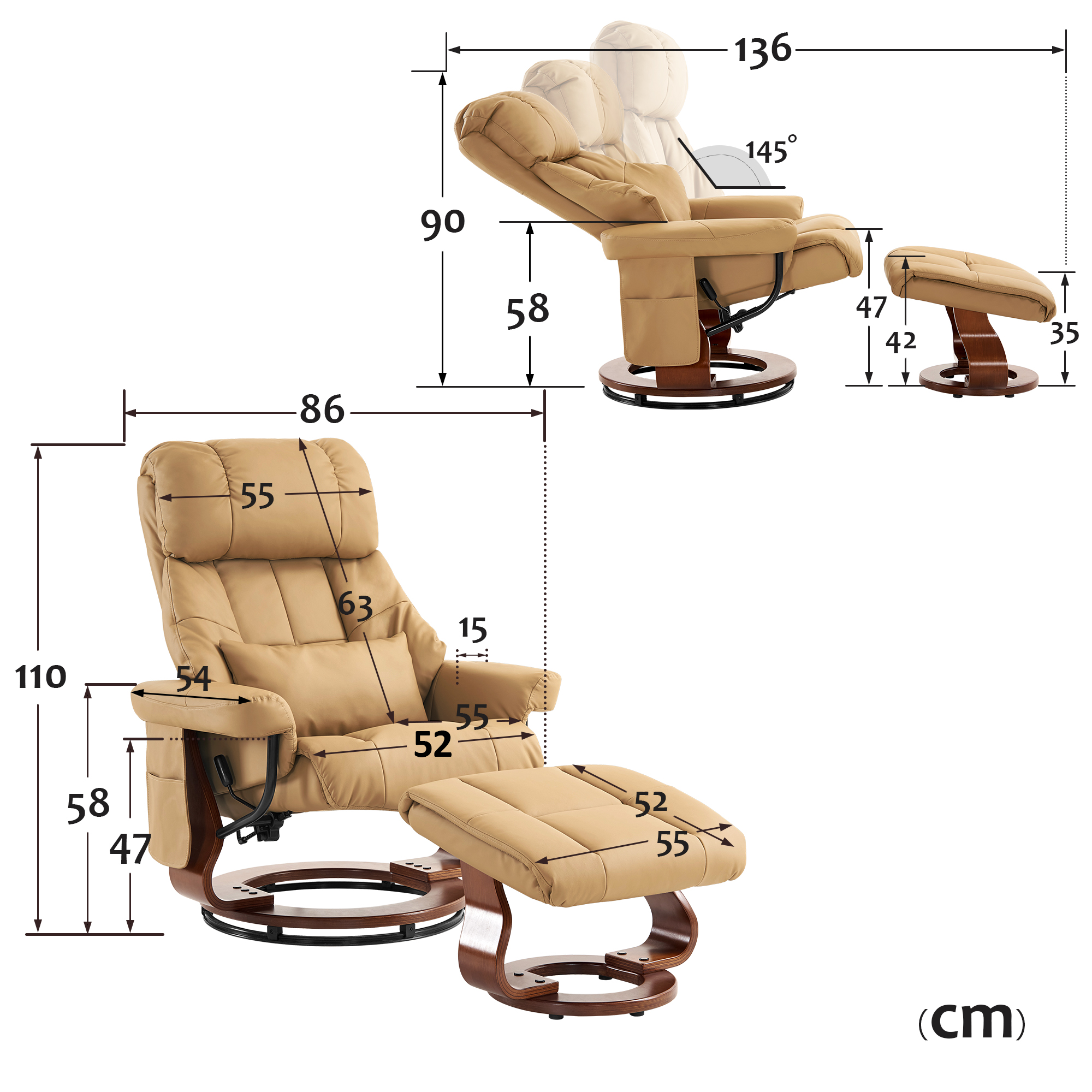 MCombo Poltrona relax con poggiapiedi, poltrona girevole a 360° con funzione reclinabile, moderna poltrona TV con tasca laterale per soggiorno, in ecopelle, 9068