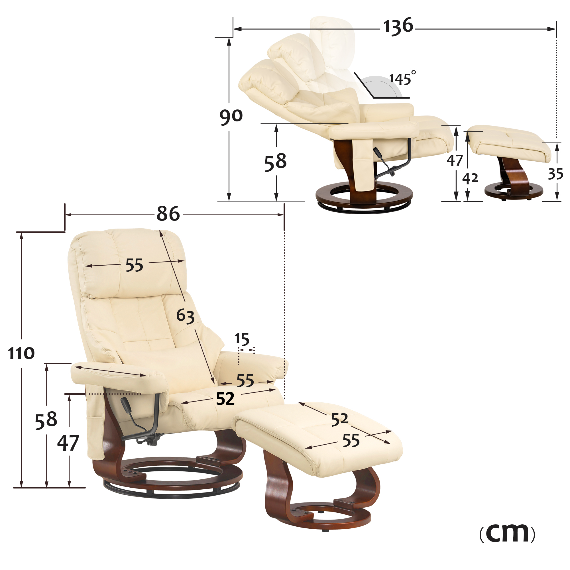 MCombo Poltrona relax con poggiapiedi, poltrona girevole a 360° con funzione reclinabile, moderna poltrona TV con tasca laterale per soggiorno, in ecopelle, 9068