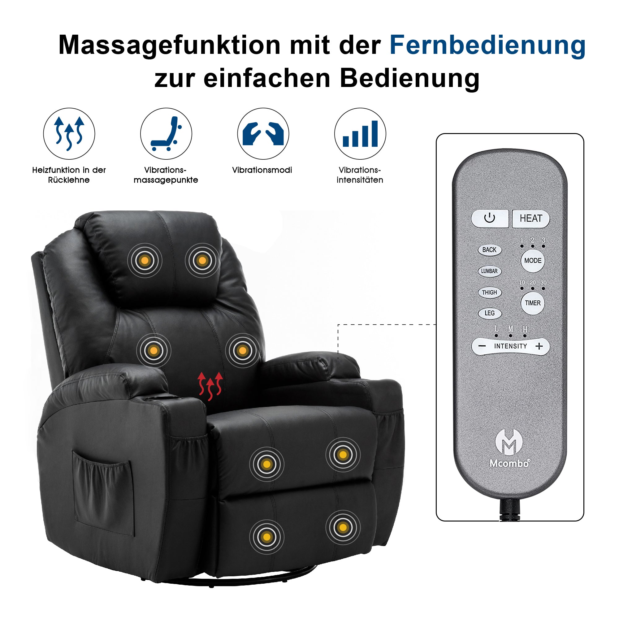 MCombo Poltrona massaggiante, poltrona TV, reclinabile 7020, con riscaldamento, girevole a 360°, funzione dondolo, regolabile manualmente (ecopelle nera/tessuto grigio/microfibra grigio scuro)