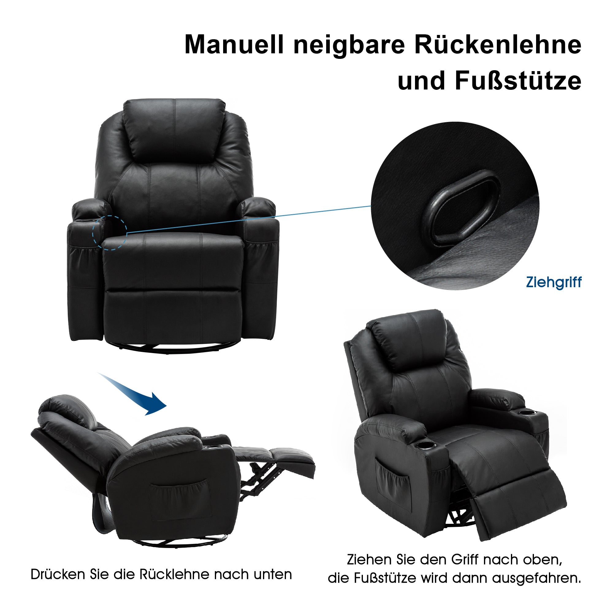 MCombo Poltrona massaggiante, poltrona TV, reclinabile 7020, con riscaldamento, girevole a 360°, funzione dondolo, regolabile manualmente (ecopelle nera/tessuto grigio/microfibra grigio scuro)