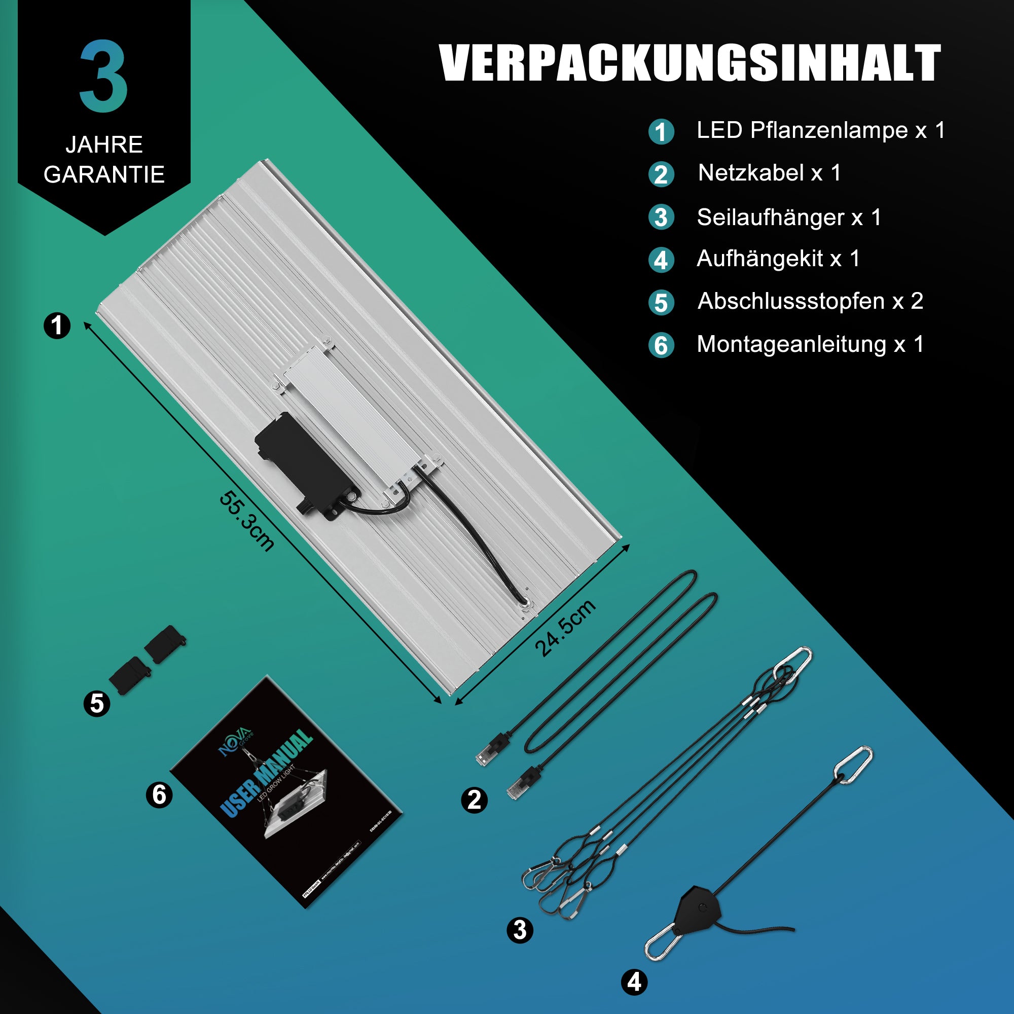NovaGrove Lampada LED a spettro completo per piante, luce di coltivazione da 200W per grow box 60x120 cm, dimmerabile con funzione daisy chain, EC20
