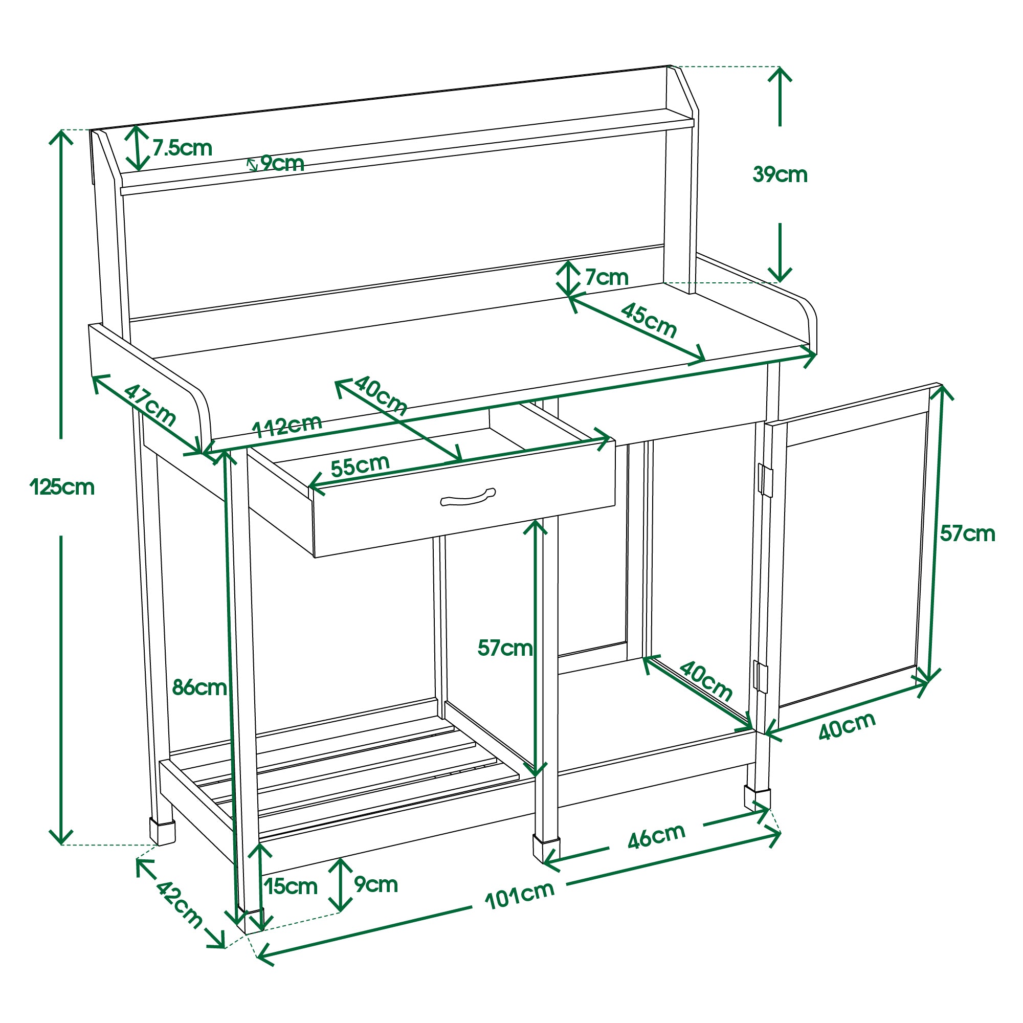 M MCombo Pflanztisch met lade, opbergruimte, verzinkte werkblad & kast, weerbestendige tuintafel met 3 haken, bloementafel van massief hout voor tuin, balkon & terras, 48 x 112 x 126 cm, 0440