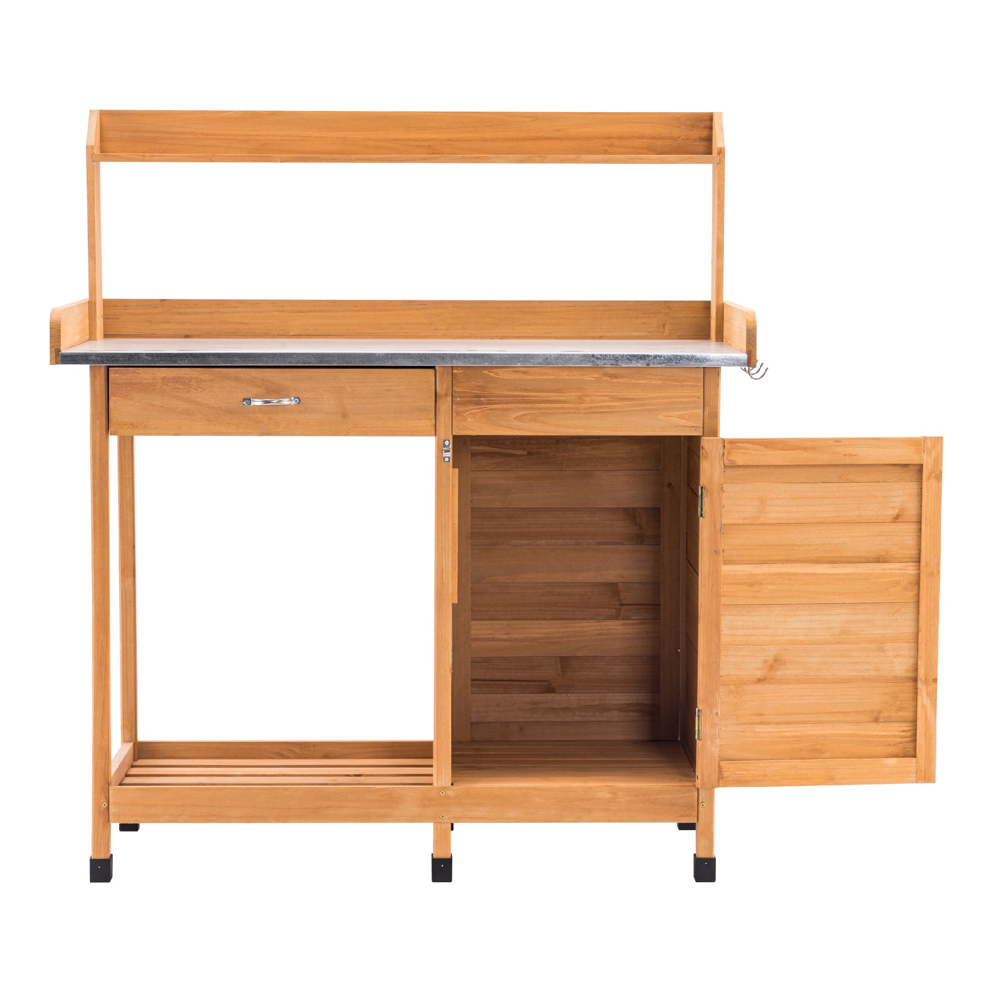 M MCombo Pflanztisch met lade, opbergruimte, verzinkte werkblad & kast, weerbestendige tuintafel met 3 haken, bloementafel van massief hout voor tuin, balkon & terras, 48 x 112 x 126 cm, 0440