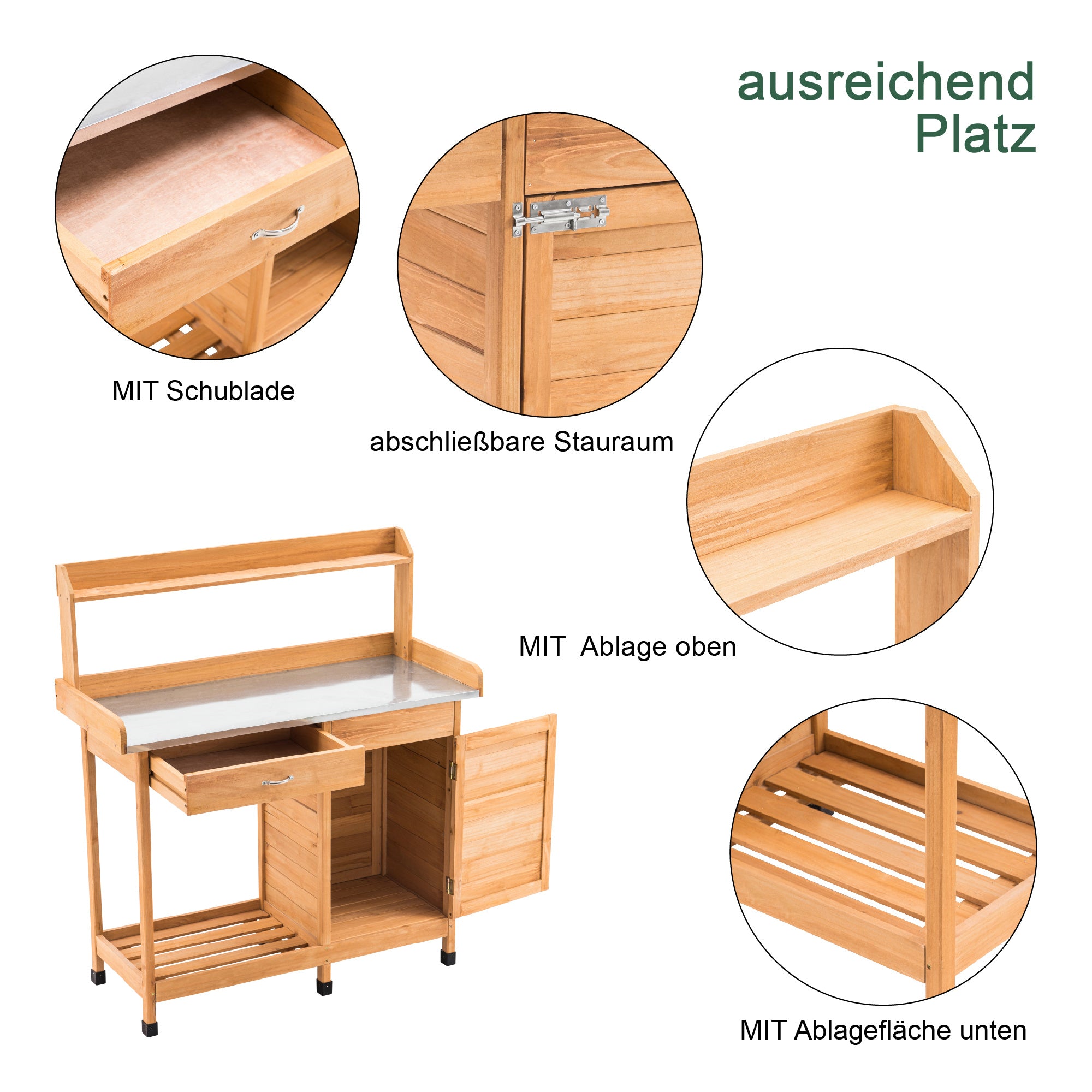 M MCombo Pflanztisch met lade, opbergruimte, verzinkte werkblad & kast, weerbestendige tuintafel met 3 haken, bloementafel van massief hout voor tuin, balkon & terras, 48 x 112 x 126 cm, 0440