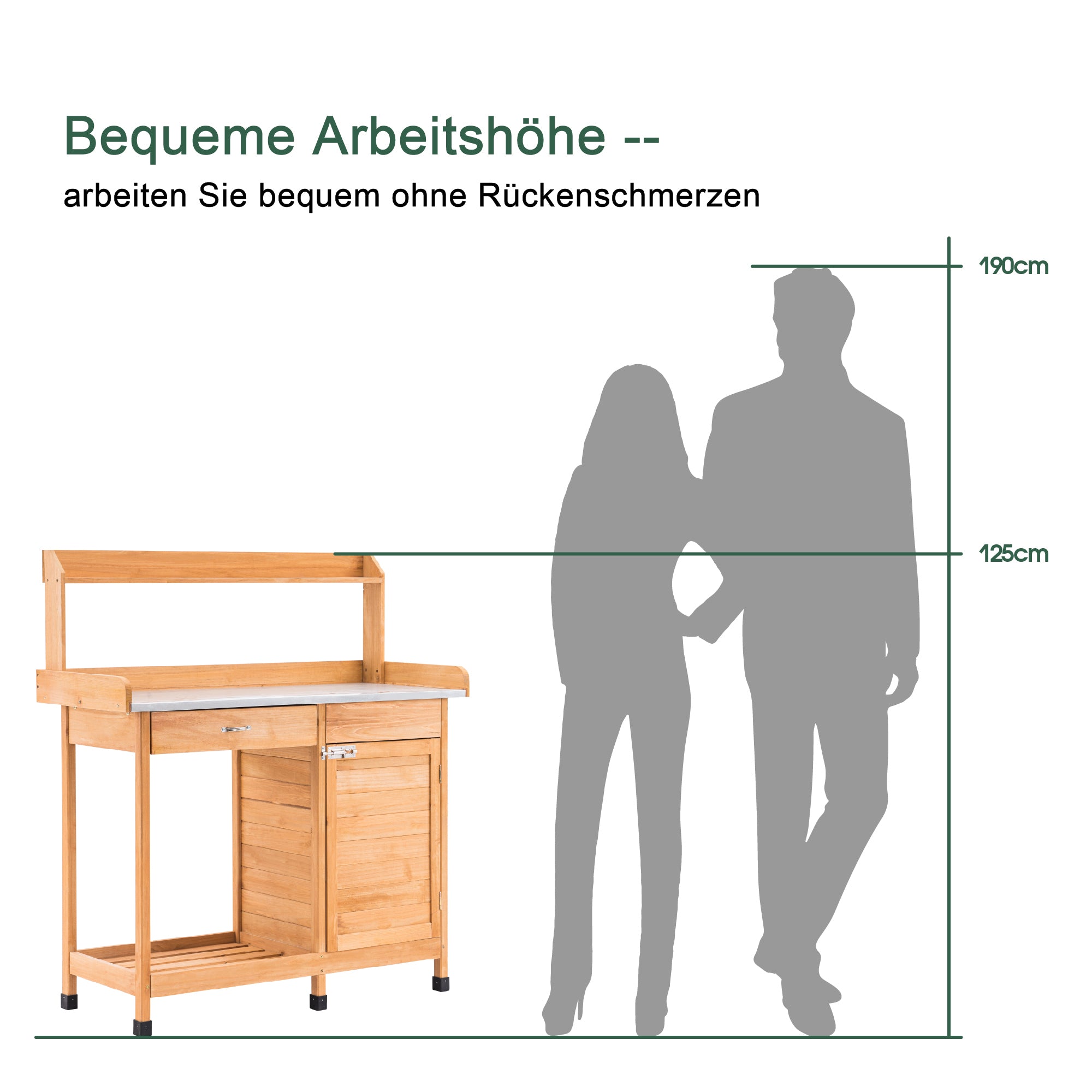 M MCombo Pflanztisch met lade, opbergruimte, verzinkte werkblad & kast, weerbestendige tuintafel met 3 haken, bloementafel van massief hout voor tuin, balkon & terras, 48 x 112 x 126 cm, 0440
