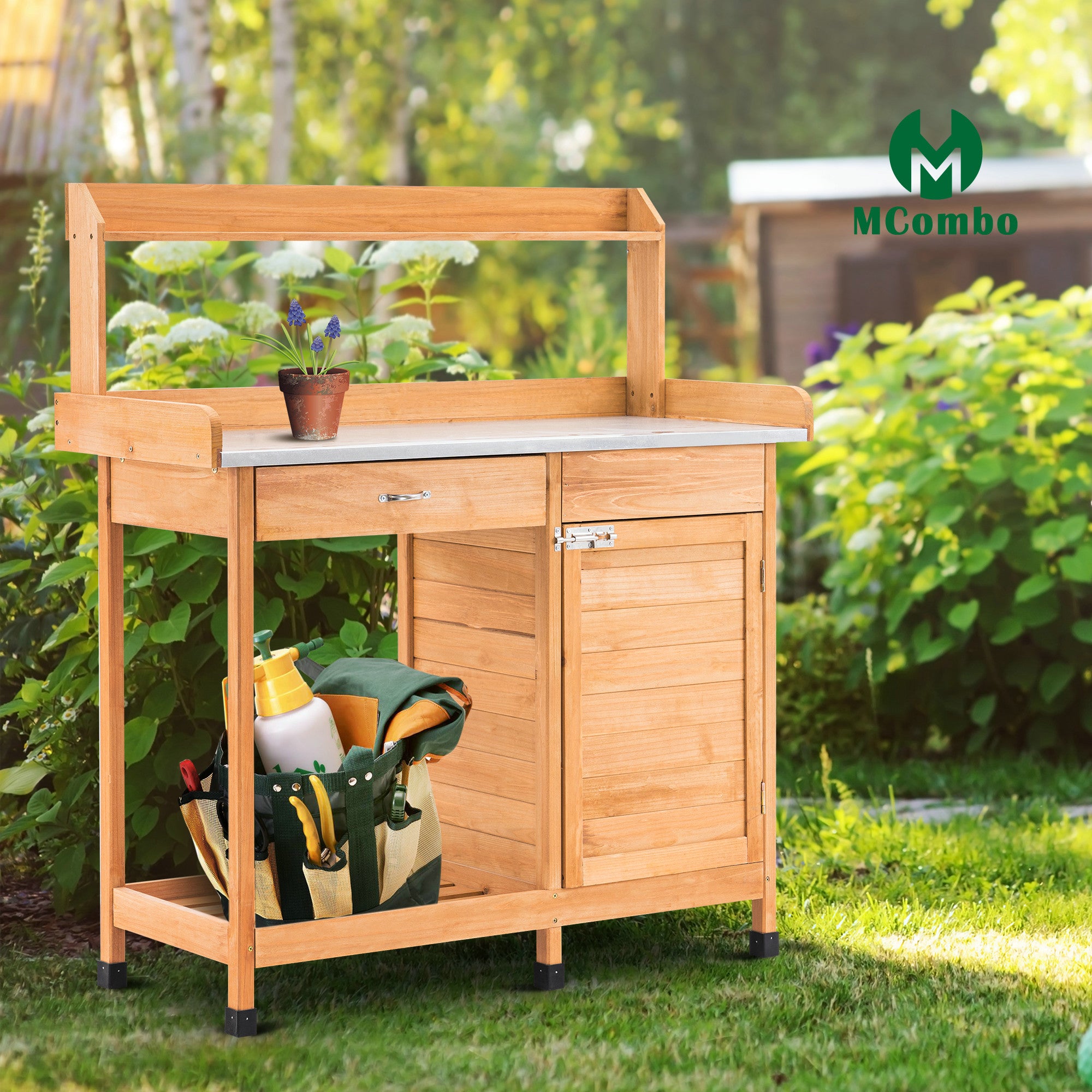M MCombo Pflanztisch met lade, opbergruimte, verzinkte werkblad & kast, weerbestendige tuintafel met 3 haken, bloementafel van massief hout voor tuin, balkon & terras, 48 x 112 x 126 cm, 0440