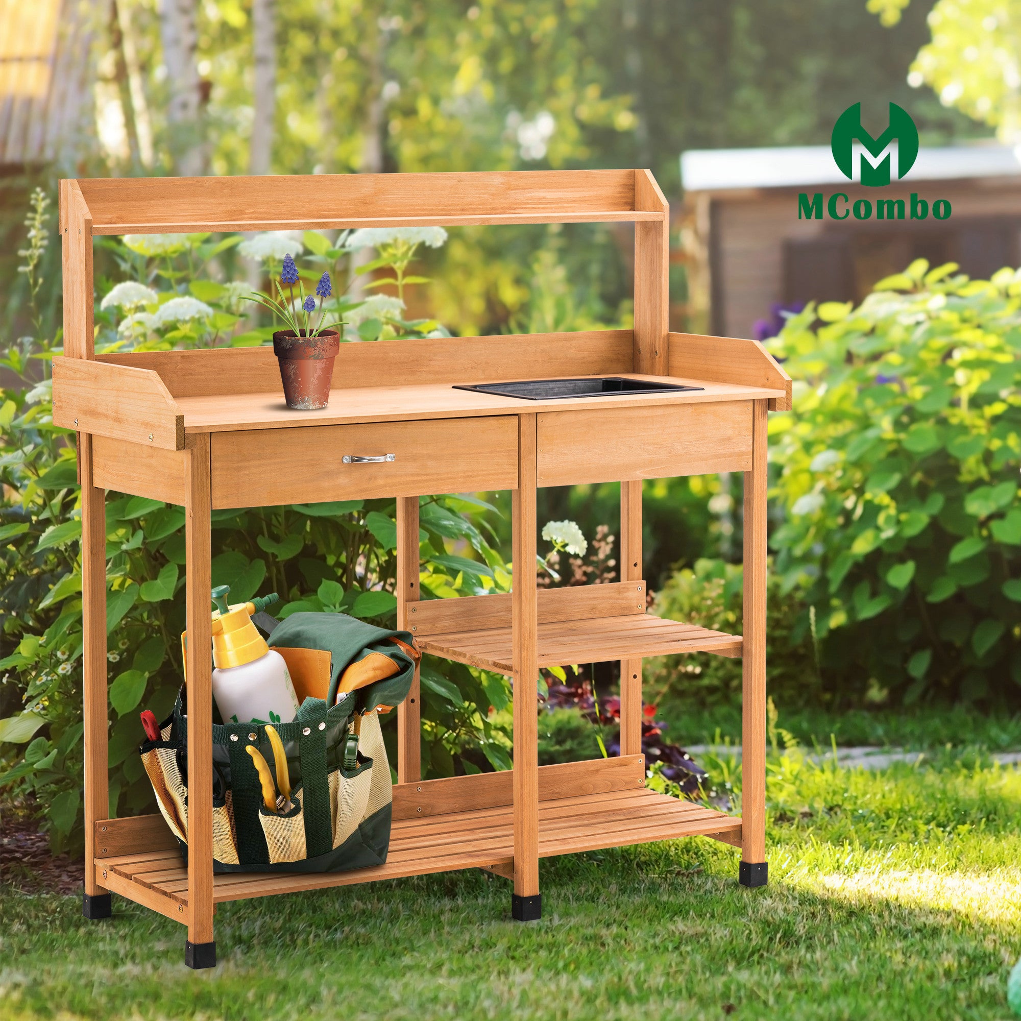 MCombo Planten tafel Tuin tafel Bloem tafel met Wasbak Opbergruimte Hout 0458