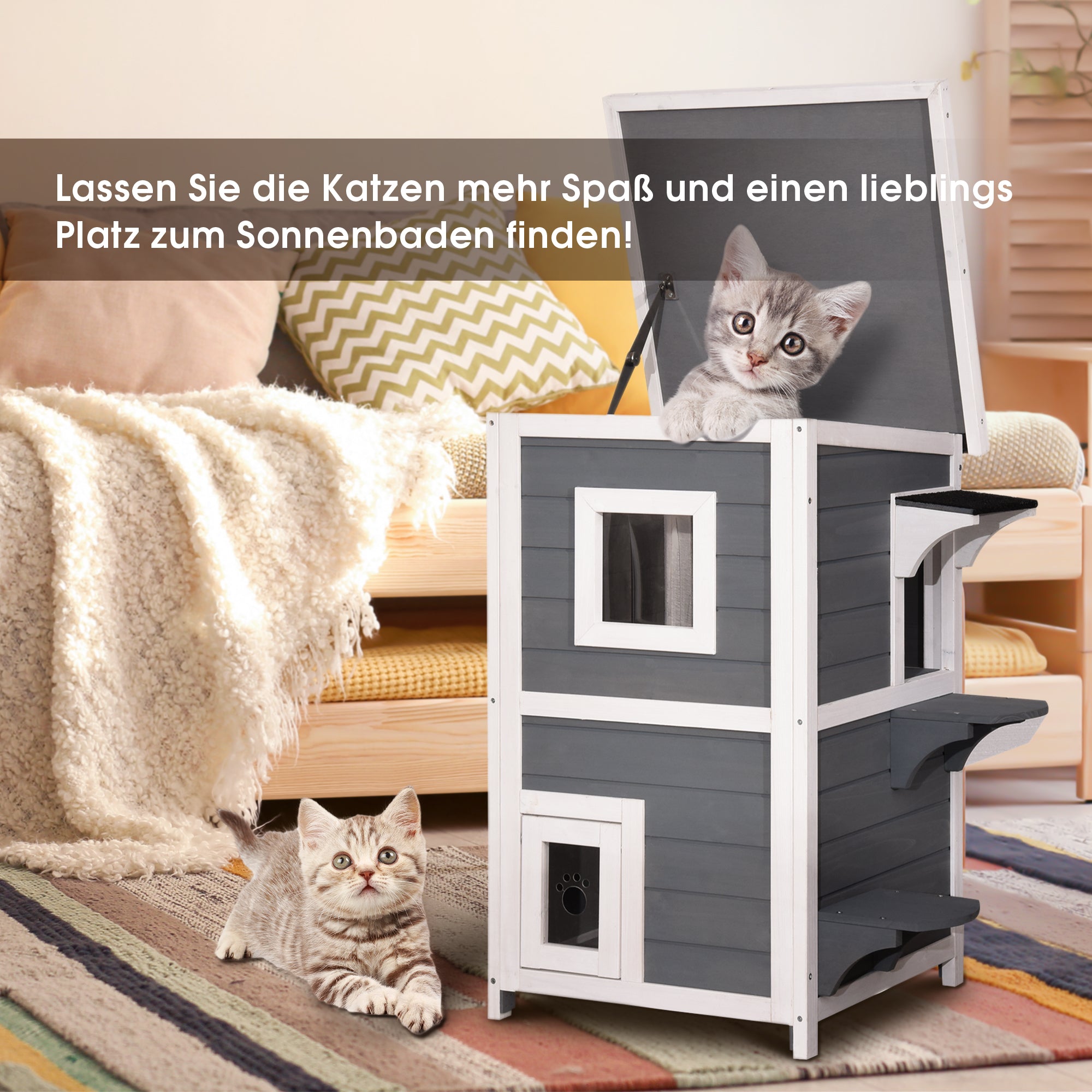Lovupet kattenhuis kattenvilla kattenhut 2 verdiepingen weerbestendig 0508EY