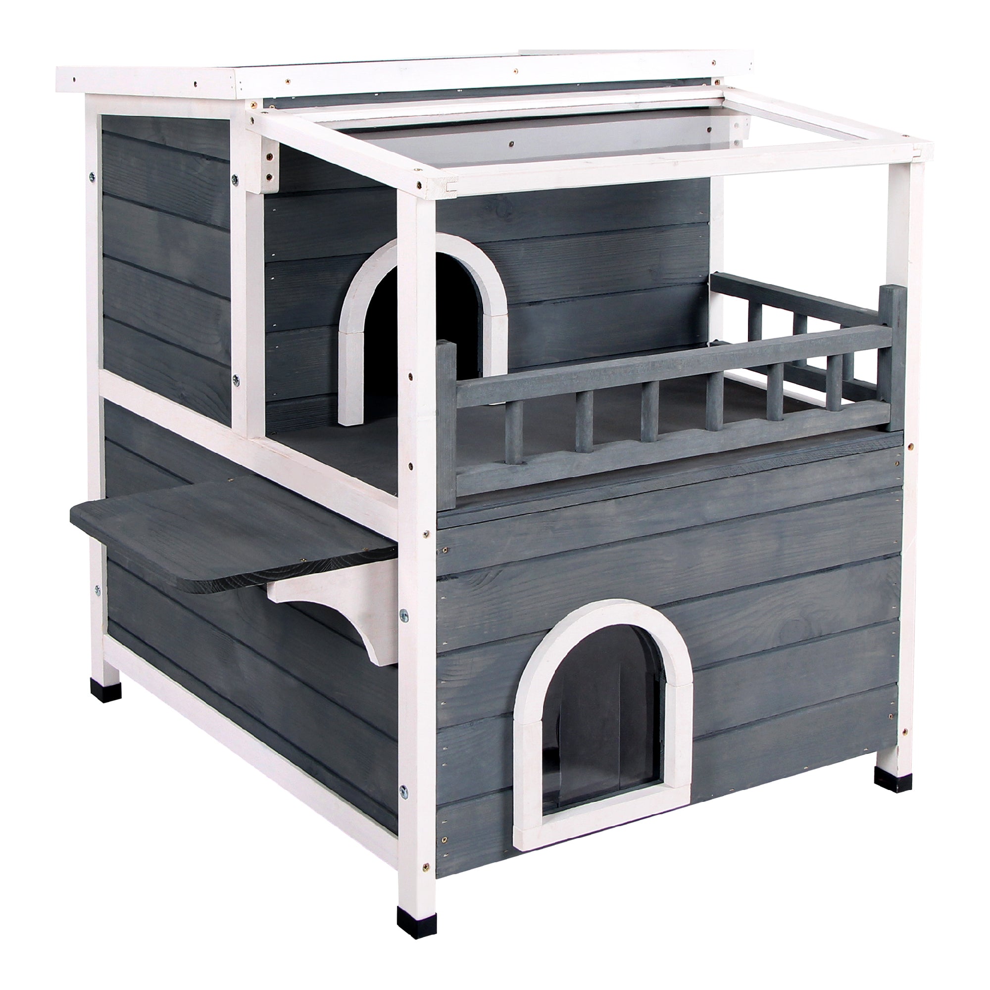 Lovupet kattenhuis kattenvilla kattenhut 2 verdiepingen met terrasdak 0509EY