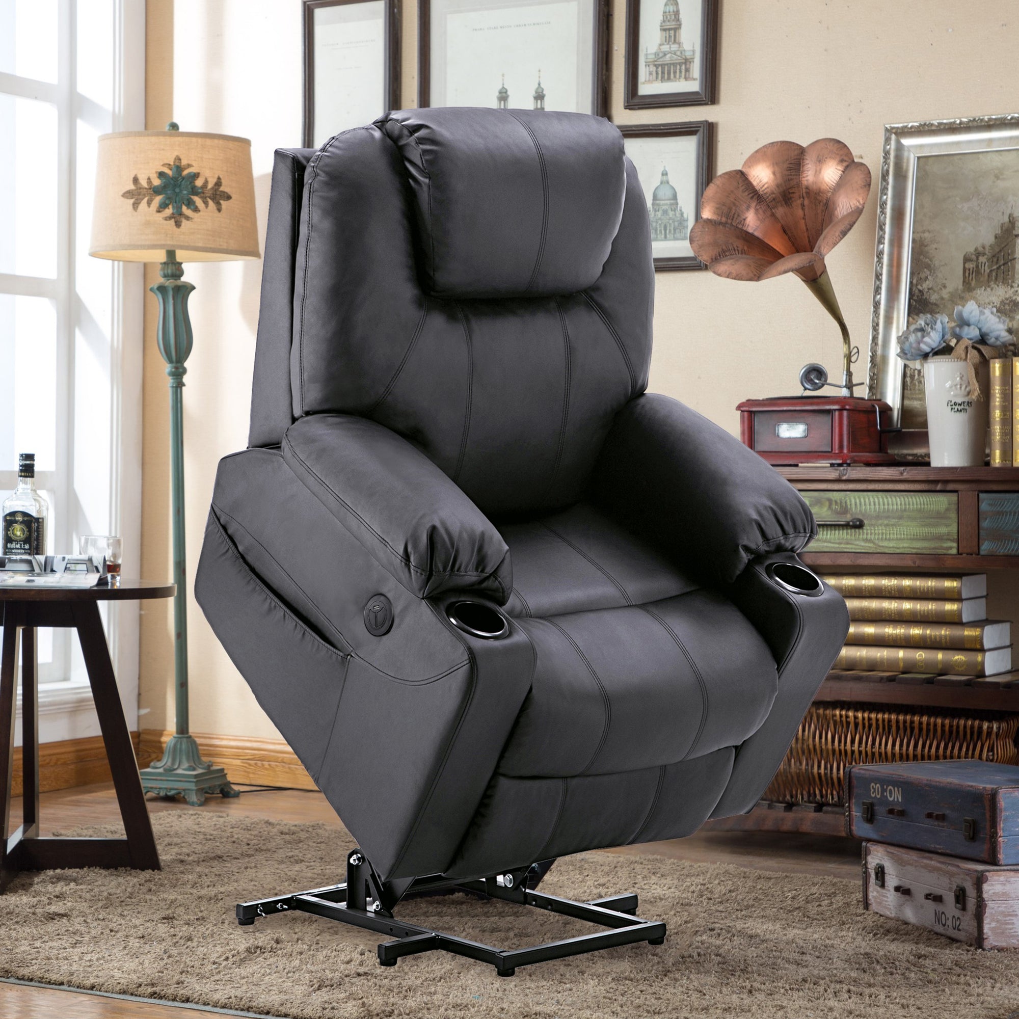 MCombo Poltrona TV elettrica reclinabile con sollevamento assistito, reclinabile fino a 140°, poltrona massaggiante con funzione riscaldante, regolabile tramite pulsanti e telecomando, con porta USB, 7040