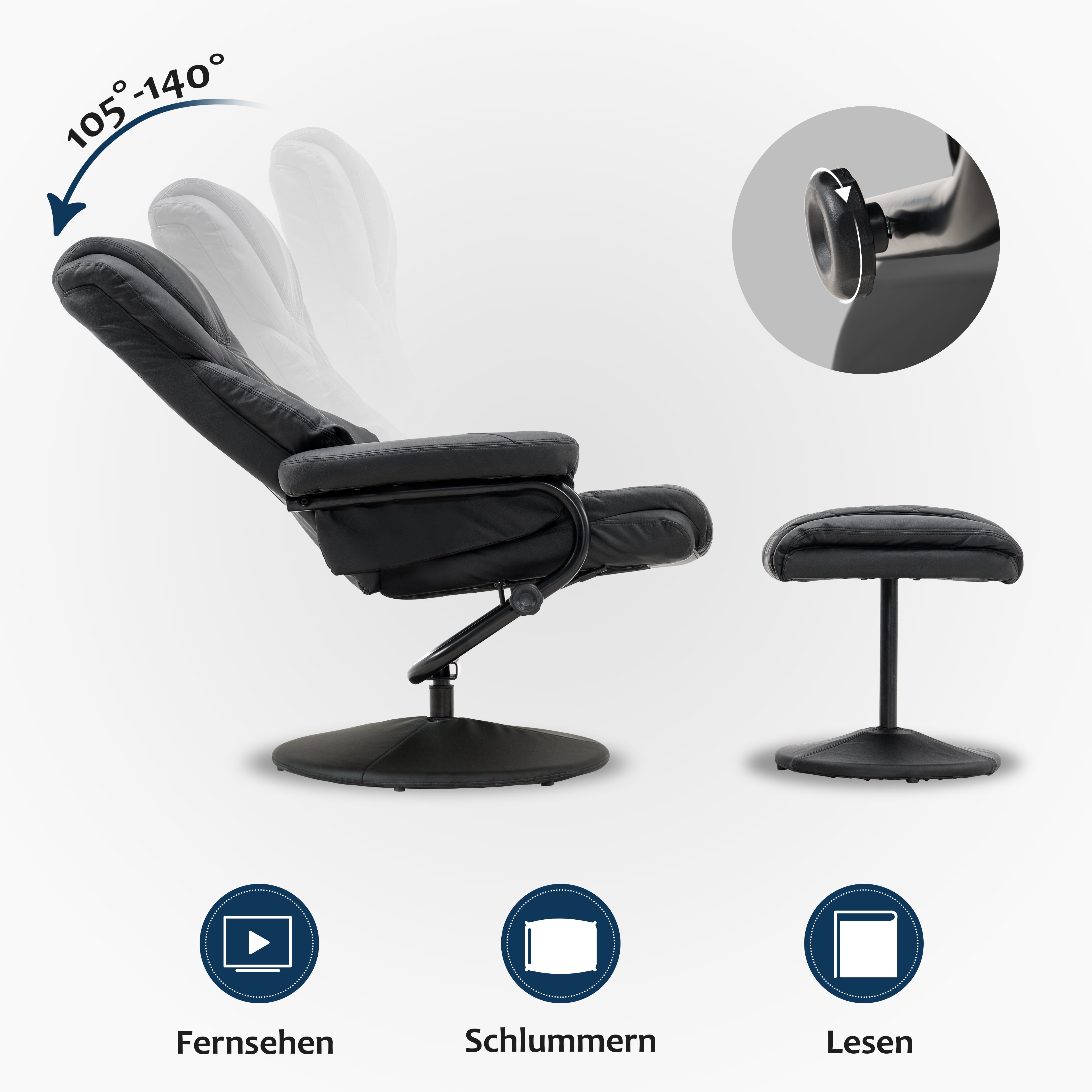 MCombo Poltrona relax, poltrona TV, poltrona girevole con poggiapiedi, girevole a 360°, con tasca laterale, rivestimento in similpelle, motivo a quadri 9022