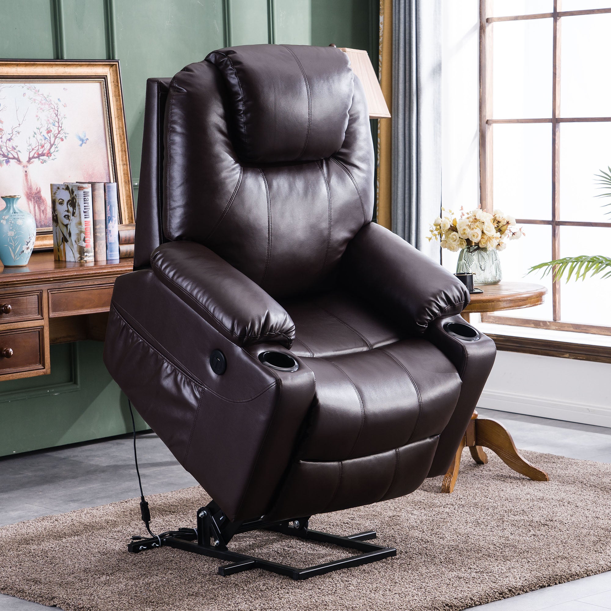 MCombo Poltrona TV elettrica reclinabile con sollevamento assistito, reclinabile fino a 140°, poltrona massaggiante con funzione riscaldante, regolabile tramite pulsanti e telecomando, con porta USB, 7040