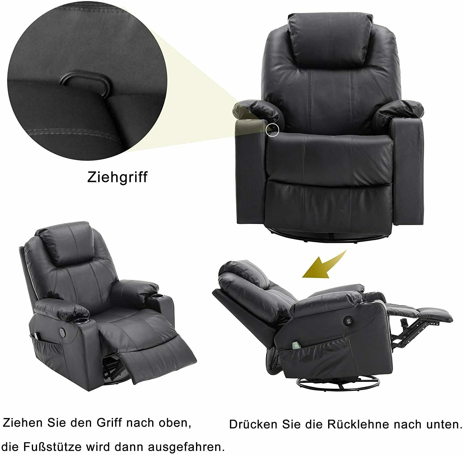MCombo Poltrona relax con massaggio – Girevole e a dondolo, regolazione manuale, vera pelle – 7050