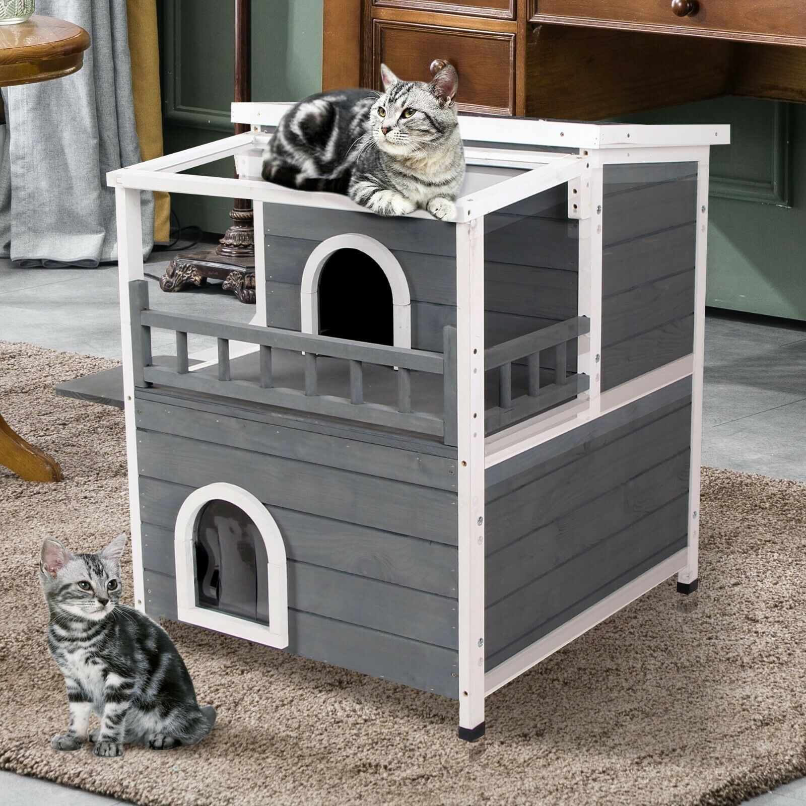 Lovupet kattenhuis kattenvilla kattenhut 2 verdiepingen met terrasdak 0509EY