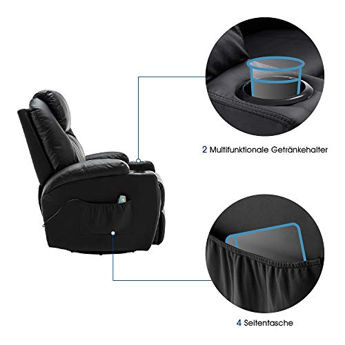 MCombo Poltrona massaggiante, poltrona TV, reclinabile 7020, con riscaldamento, girevole a 360°, funzione dondolo, regolabile manualmente (ecopelle nera/tessuto grigio/microfibra grigio scuro)