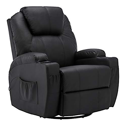 MCombo Poltrona massaggiante, poltrona TV, reclinabile 7020, con riscaldamento, girevole a 360°, funzione dondolo, regolabile manualmente (ecopelle nera/tessuto grigio/microfibra grigio scuro)