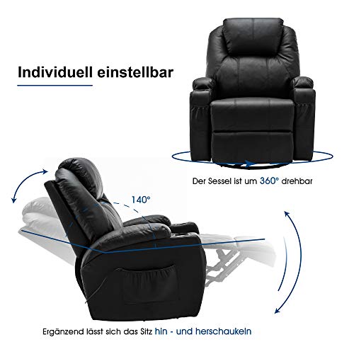 MCombo Poltrona massaggiante, poltrona TV, reclinabile 7020, con riscaldamento, girevole a 360°, funzione dondolo, regolabile manualmente (ecopelle nera/tessuto grigio/microfibra grigio scuro)