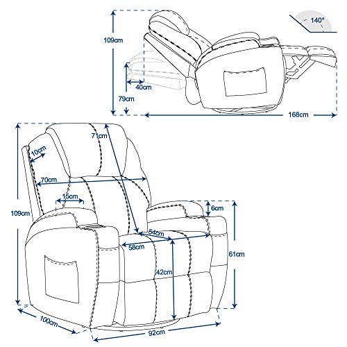 MCombo Poltrona massaggiante, poltrona TV, reclinabile 7020, con riscaldamento, girevole a 360°, funzione dondolo, regolabile manualmente (ecopelle nera/tessuto grigio/microfibra grigio scuro)