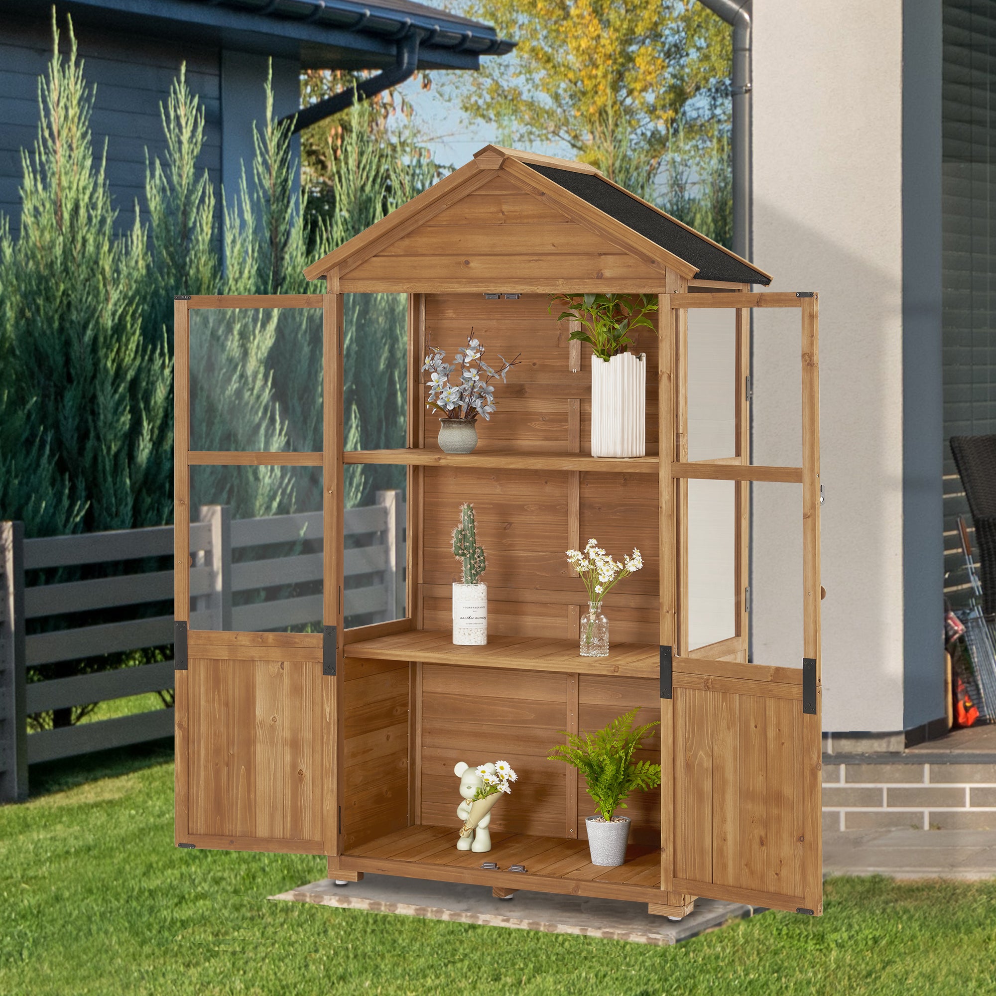 MCombo Piccola casetta da giardino in legno, resistente alle intemperie, ideale come casetta da giardino/rimessa attrezzi, serra per balcone e terrazzo, 100 × 53 × 178 cm, 0111