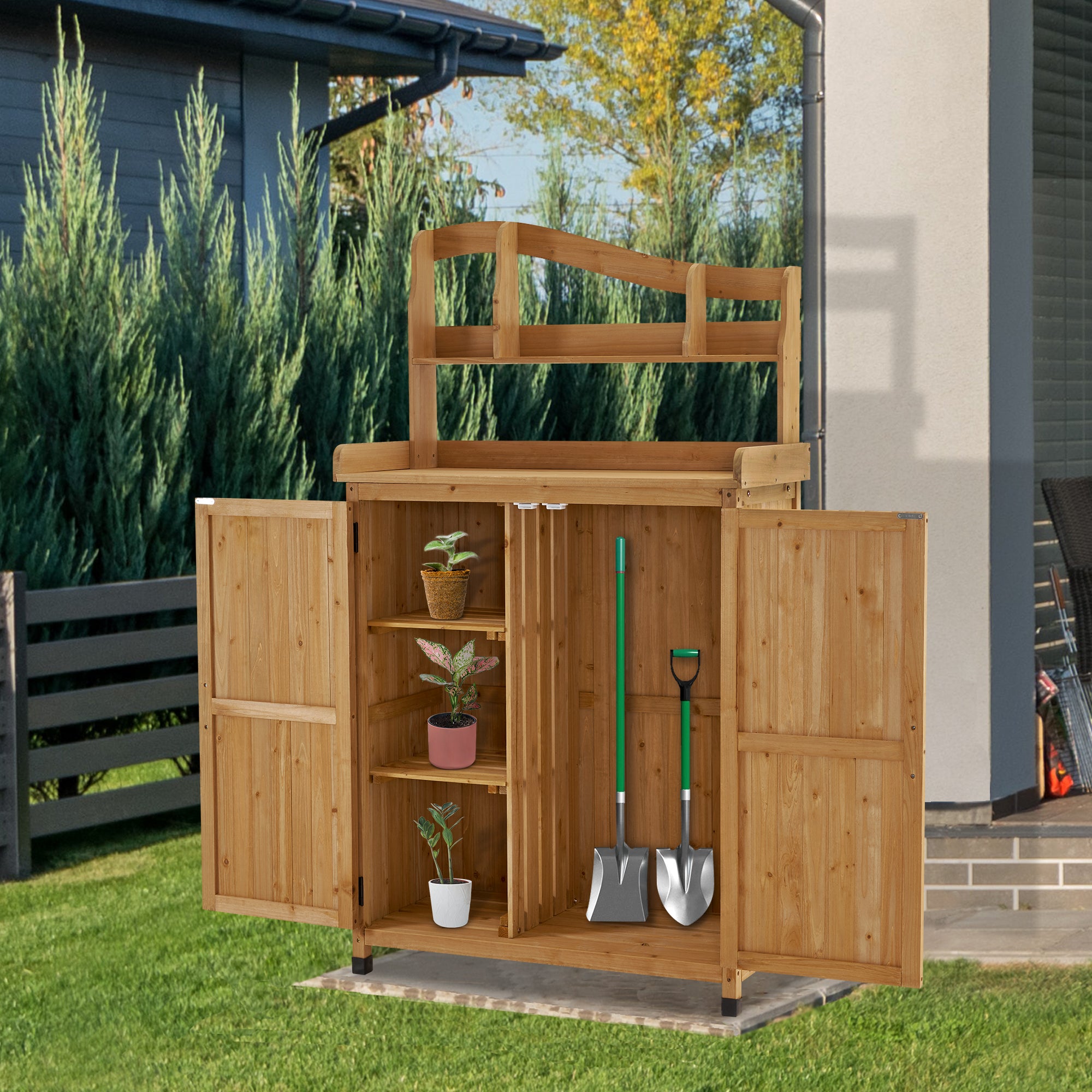 MCombo Banco da giardinaggio in legno per esterni resistente alle intemperie – tavolo per piante e fiori con piano di lavoro – per giardino, balcone e patio – Naturale – 0439
