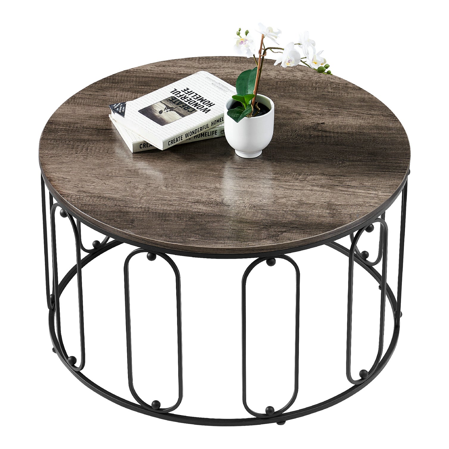 MCombo Metalen Meubels Salontafel Bijzettafel Rond Marmerlook/Industrieel Stijl 2147
