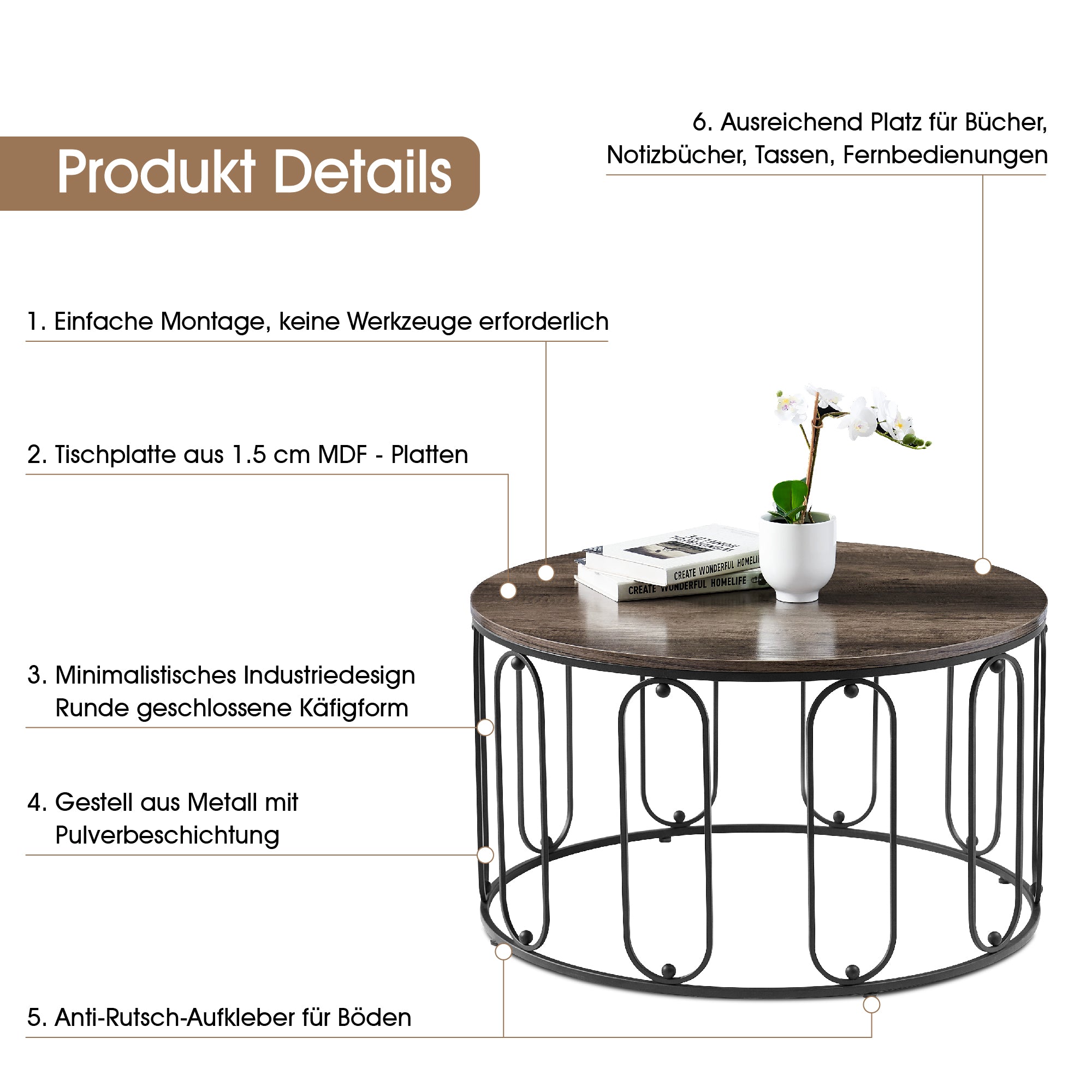 MCombo Metalen Meubels Salontafel Bijzettafel Rond Marmerlook/Industrieel Stijl 2147