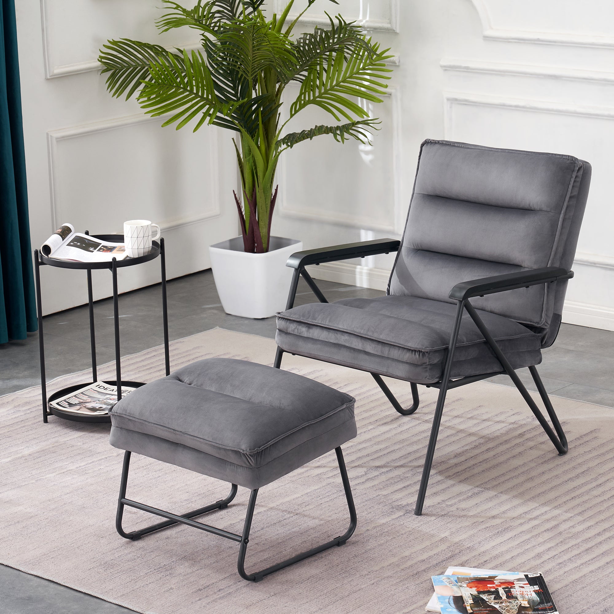 MCombo Poltrona reclinabile grigia con poggiapiedi, comoda poltrona imbottita, poltrona moderna per soggiorno, velluto, 4750DE