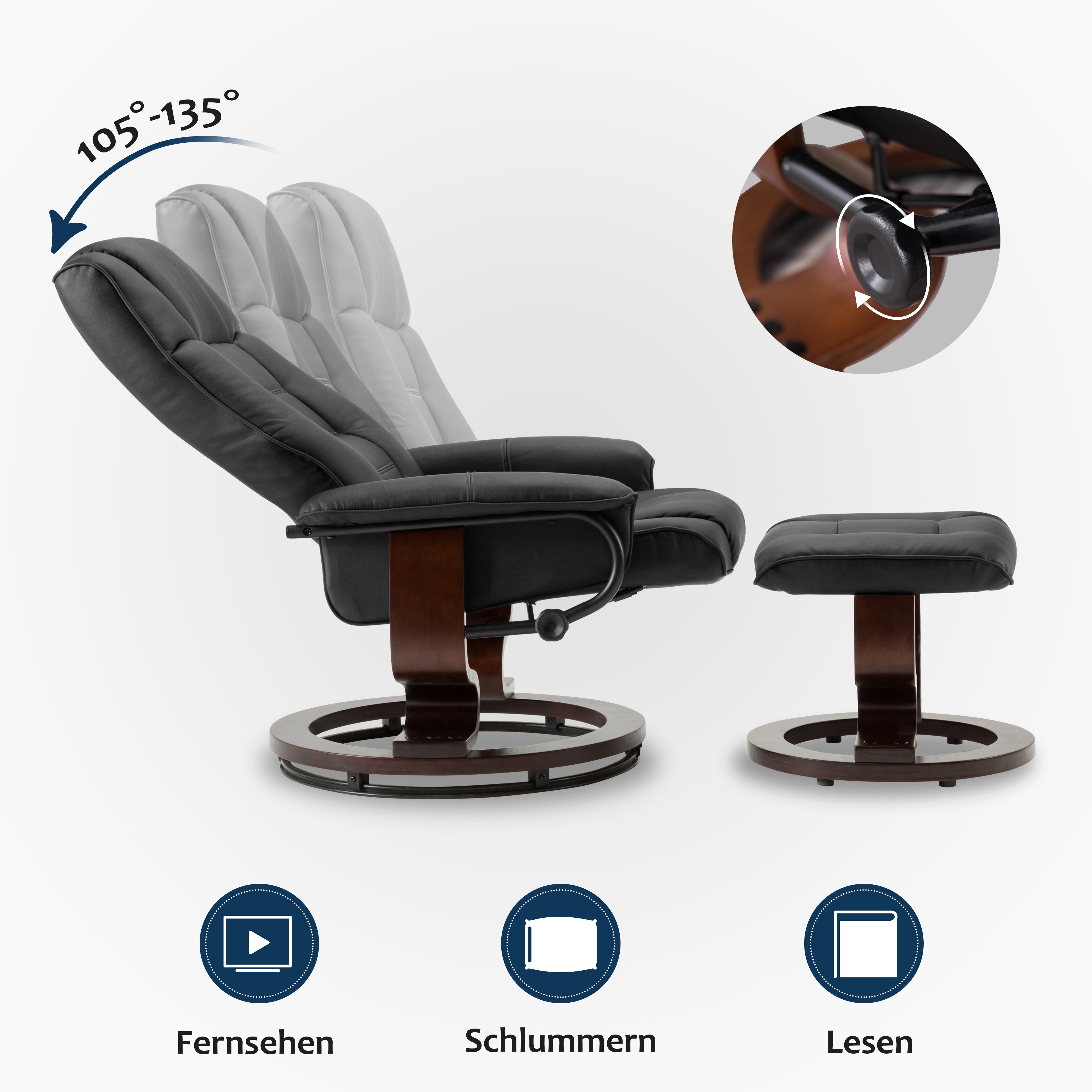 MCombo Poltrona relax con poggiapiedi, poltrona TV girevole a 360° con funzione reclinabile, poltrona TV con portata massima di 120 kg, moderna poltrona lounge per soggiorno, 9019