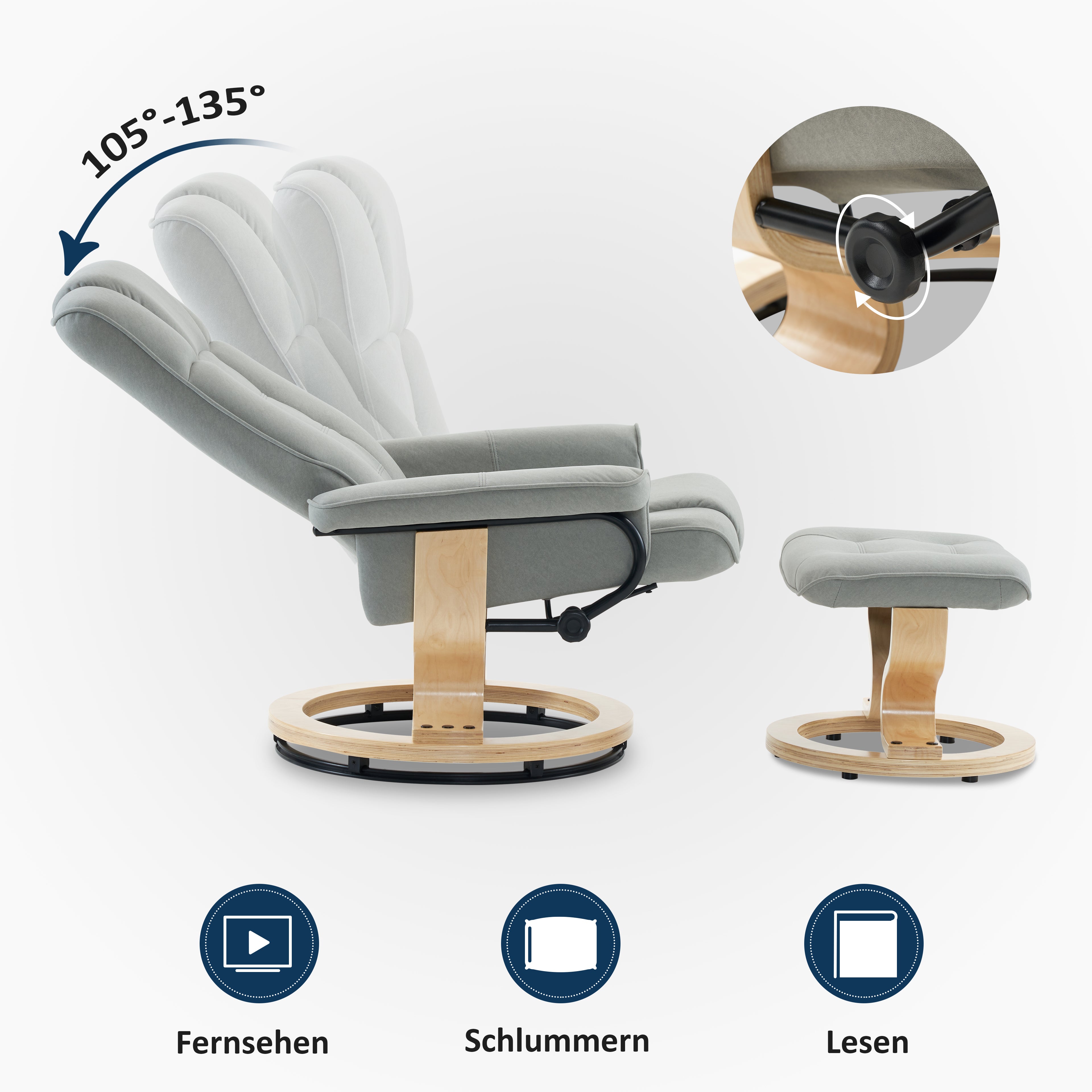 MCombo Poltrona relax con poggiapiedi, poltrona TV girevole a 360° con funzione reclinabile, poltrona TV con portata massima di 120 kg, moderna poltrona lounge per soggiorno, 9019