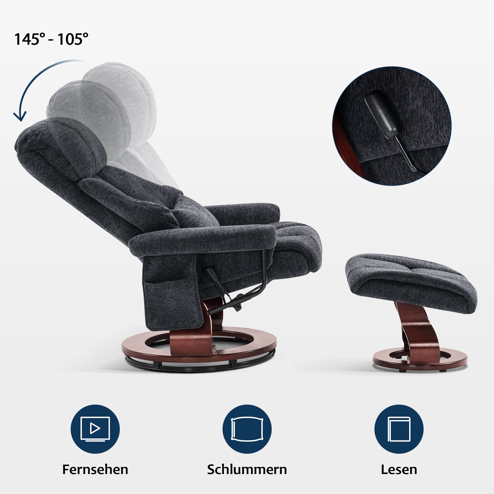 MCombo Poltrona relax con poggiapiedi, poltrona TV girevole a 360° con funzione reclinabile, portata massima 120 kg, moderna poltrona lounge per soggiorno, 9066
