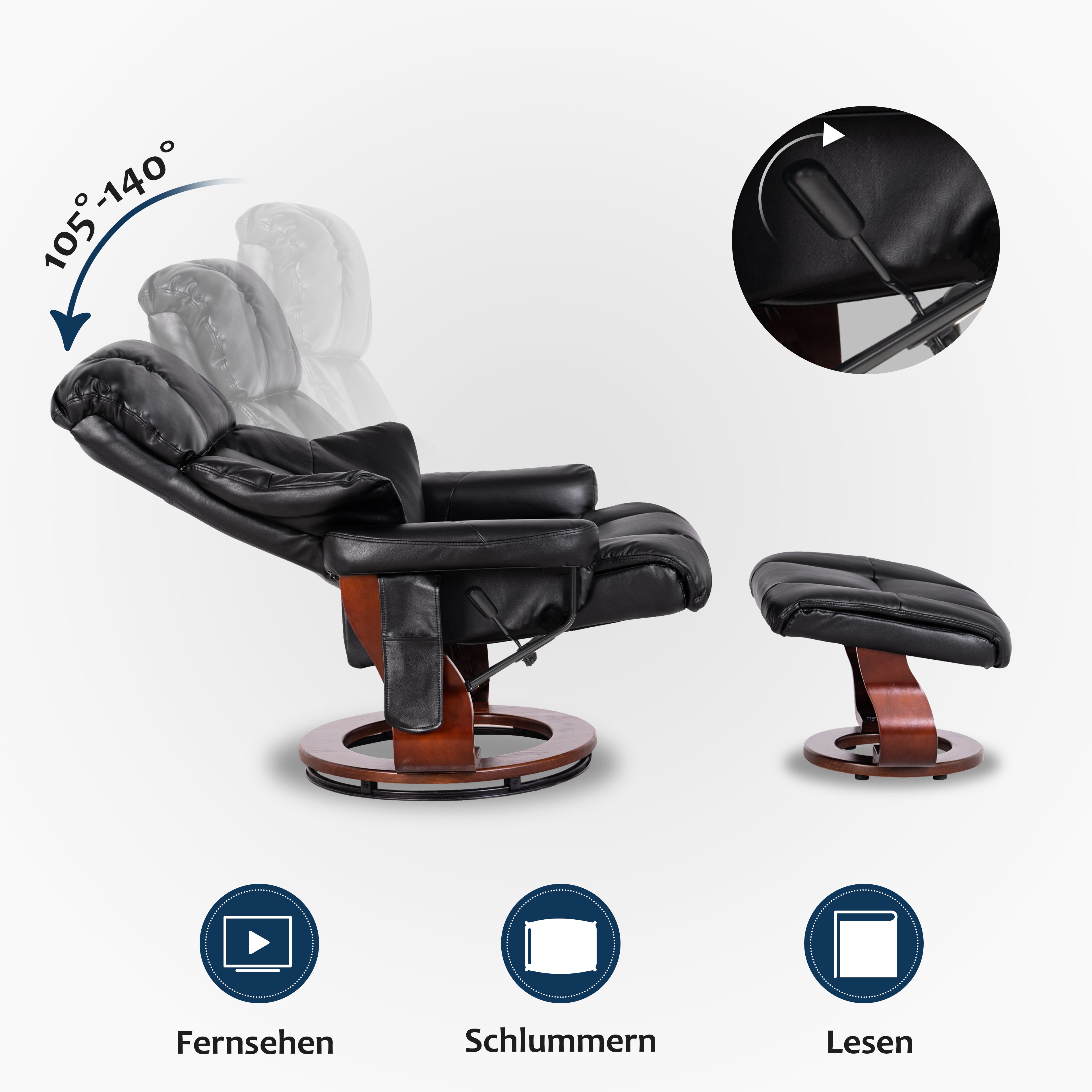 MCombo Poltrona relax con poggiapiedi, poltrona girevole a 360° con funzione reclinabile, moderna poltrona TV con tasca laterale per soggiorno, in ecopelle, 9068