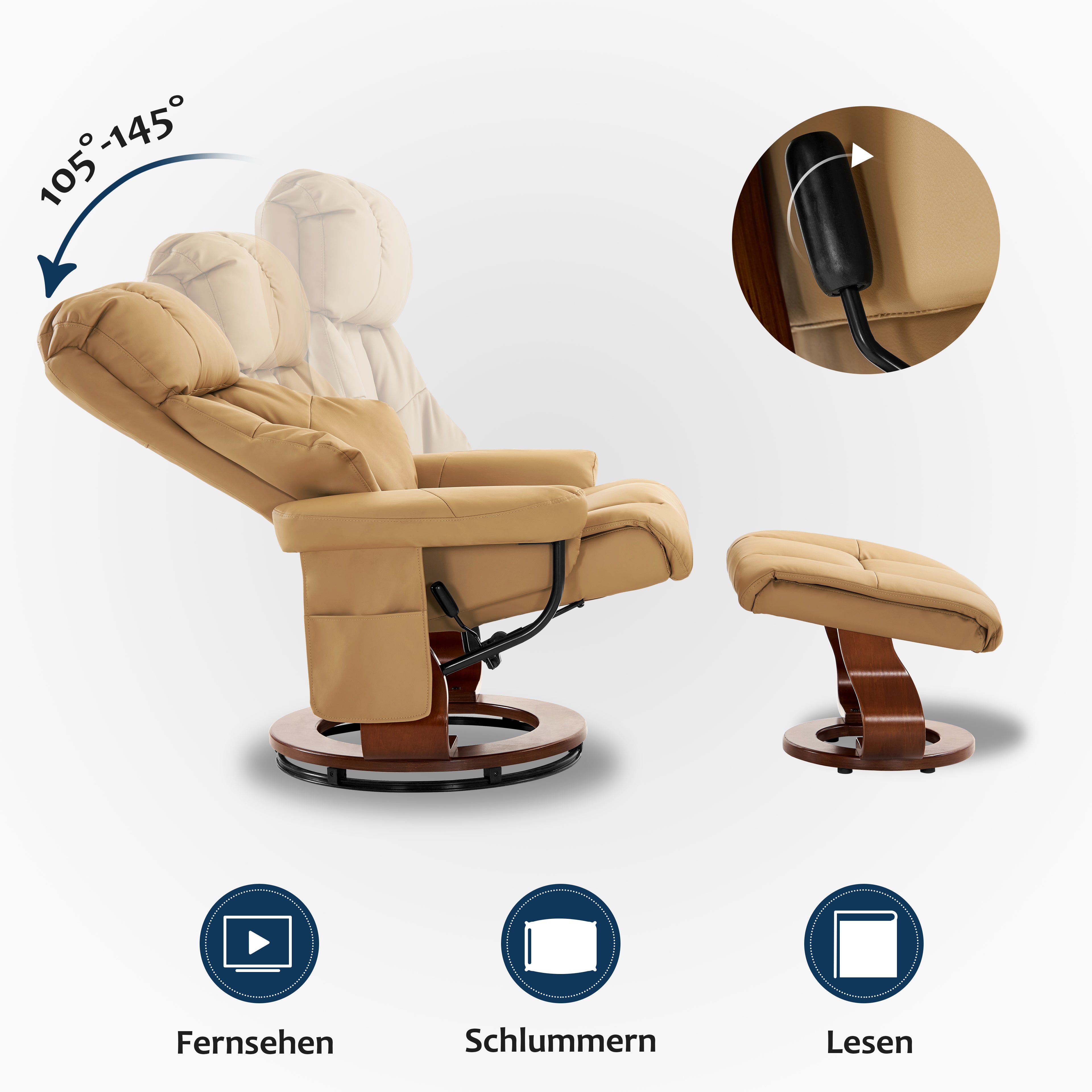 MCombo Poltrona relax con poggiapiedi, poltrona girevole a 360° con funzione reclinabile, moderna poltrona TV con tasca laterale per soggiorno, in ecopelle, 9068