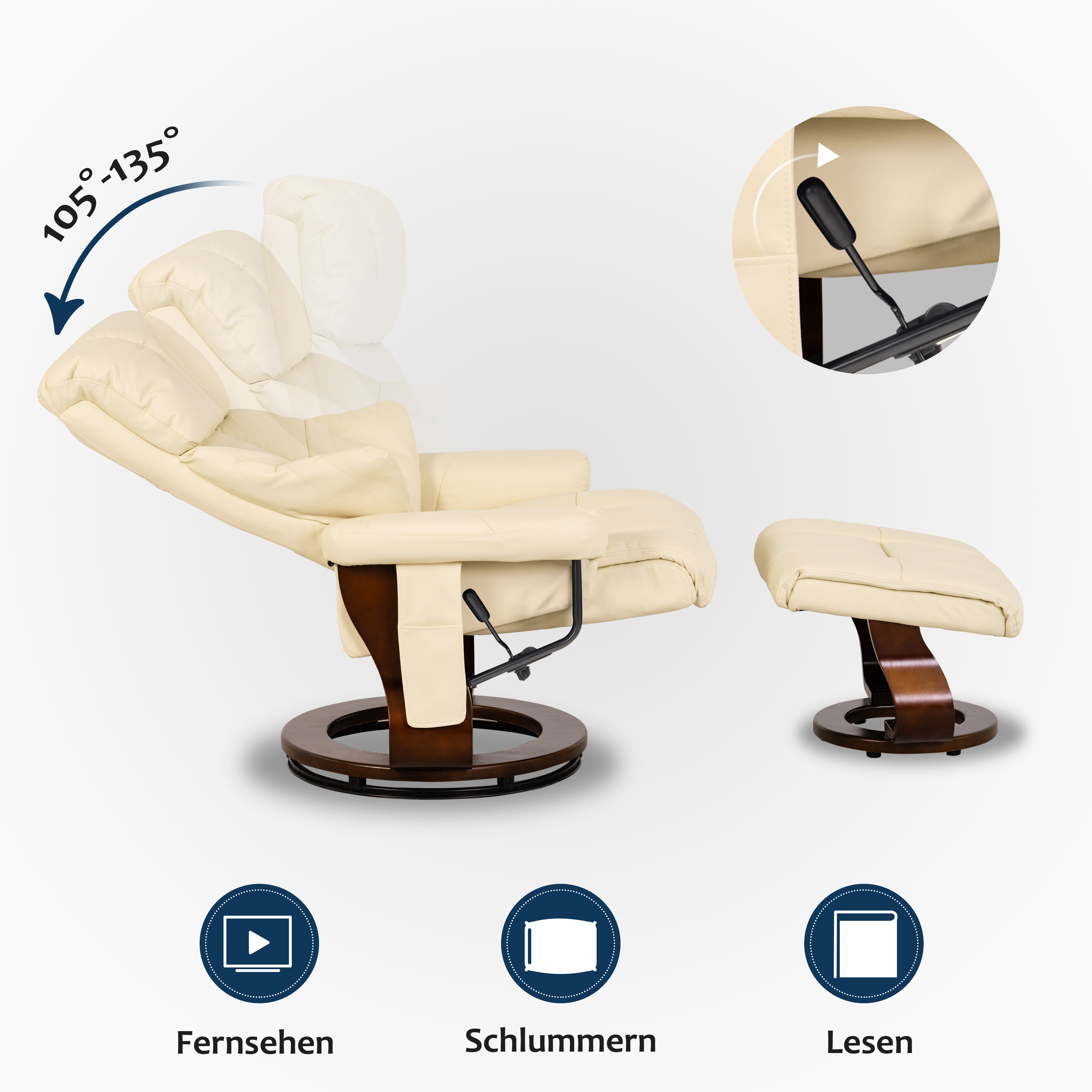 MCombo Poltrona relax con poggiapiedi, poltrona girevole a 360° con funzione reclinabile, moderna poltrona TV con tasca laterale per soggiorno, in ecopelle, 9068