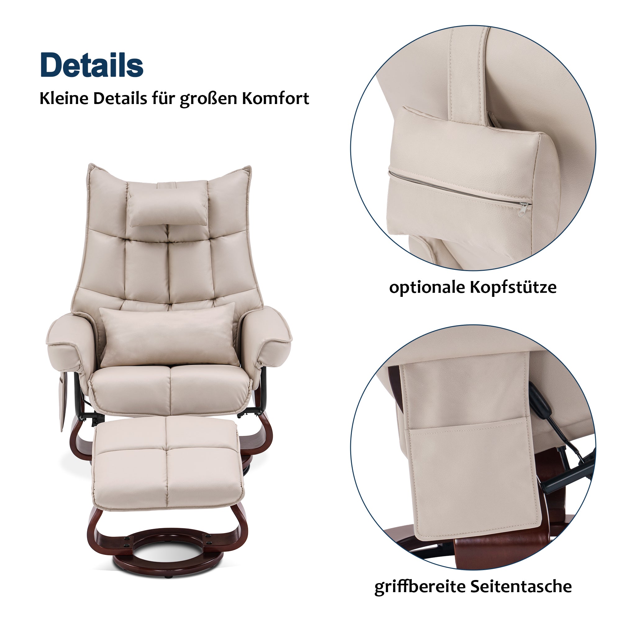 Fauteuil relax MCombo avec repose-pieds 9076, pivotant et inclinable, fauteuil TV moderne pour salon, avec coussin et poche latérale, microfibre/tissu, 140 x 92 x 111 cm