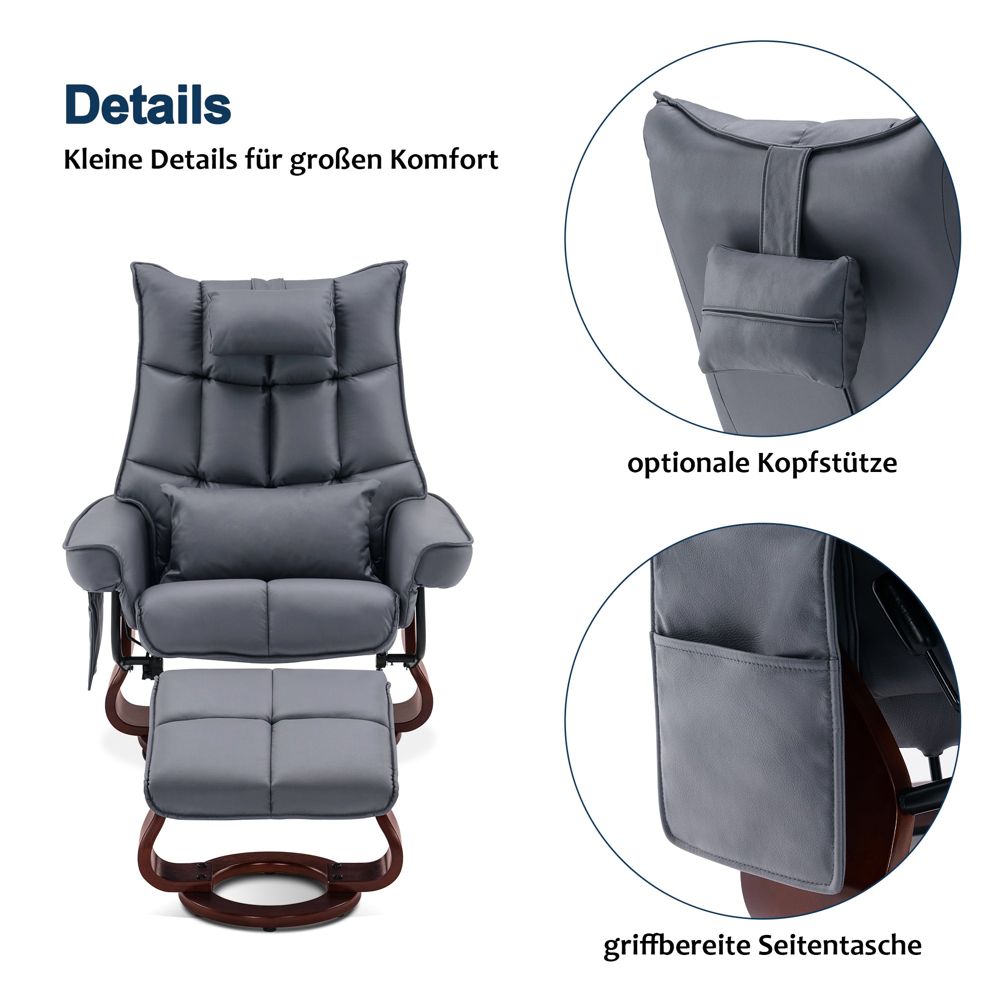 MCombo Relaxfauteuil met Hocker 9076, Draaiende fauteuil met ligfunctie, Moderne TV-fauteuil voor de woonkamer, met kussen en zijzak, Microvezel/Stof, 140 x 92 x 111 cm